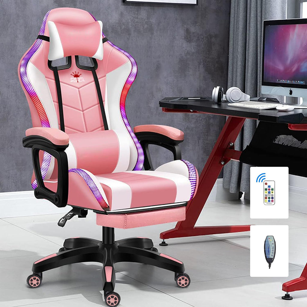 RGB Gaming Chair with Speakers and Massage, Racing Computer Chair with Massage and Footrest for Office or Gaming. (Pink+White)
