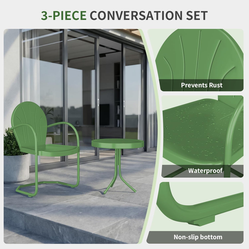 Patio Bistro Set Retro Metal Outdoor Seating Set Conversation Set 3 Pieces, 2 C-Spring Motion Armchairs and Round Side Table, for Porch, Lawn, Garden (Green)