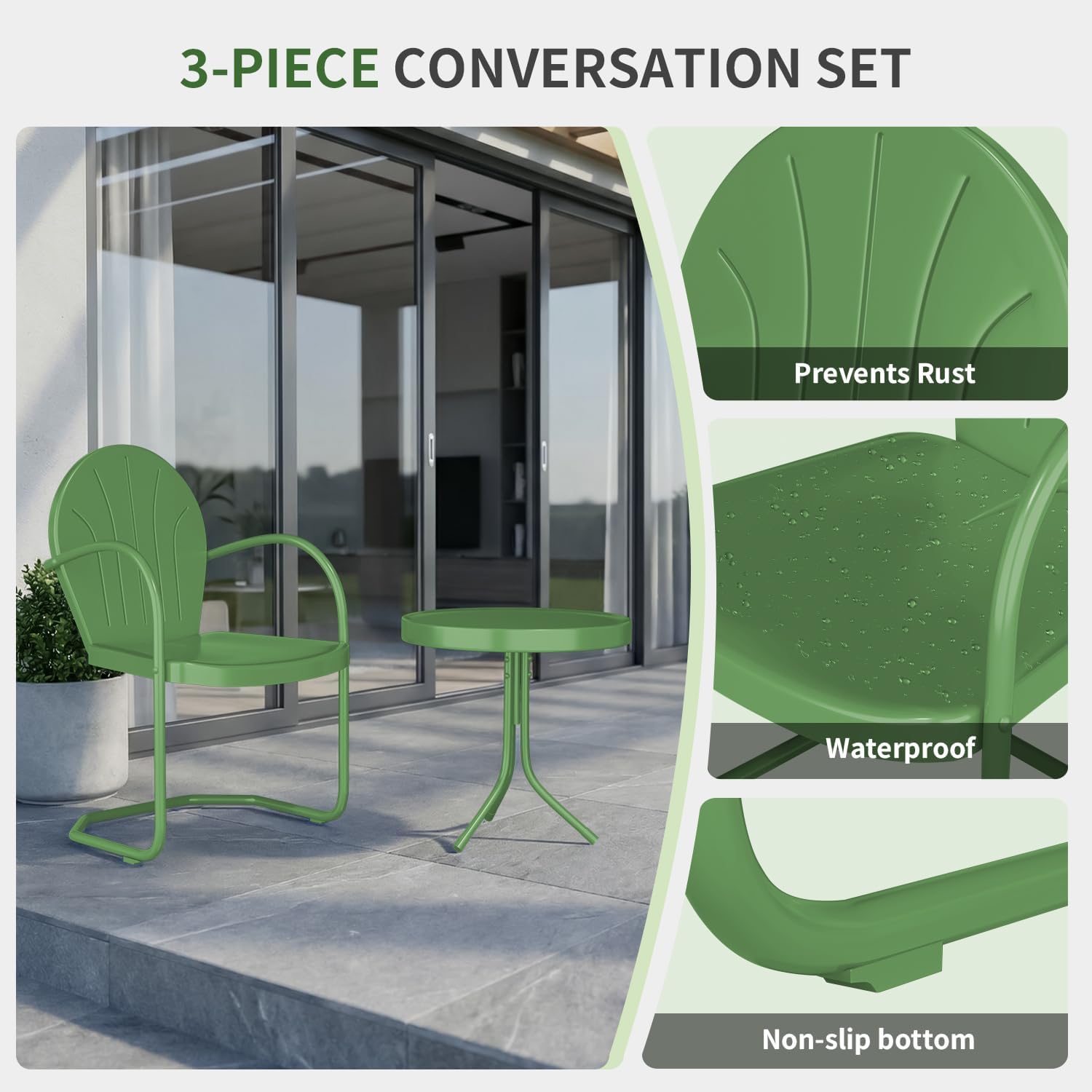 Patio Bistro Set Retro Metal Outdoor Seating Set Conversation Set 3 Pieces, 2 C-Spring Motion Armchairs and Round Side Table, for Porch, Lawn, Garden (Green)