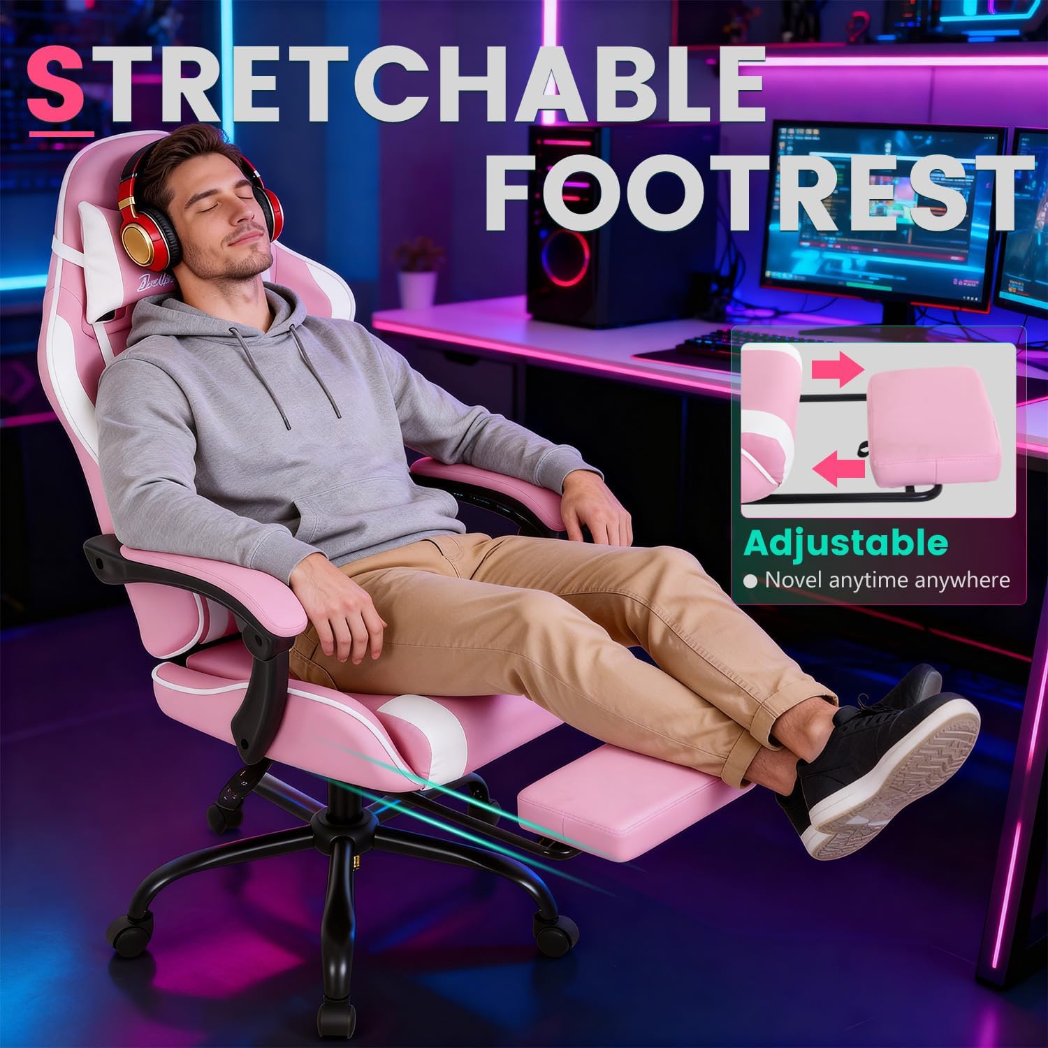 Gaming Chair Office Chair Desk Chair with Footrest Lumbar Support Headrest Armrest Task Rolling Swivel Ergonomic E-Sports Adjustable PC Gamer Chair(Pink)