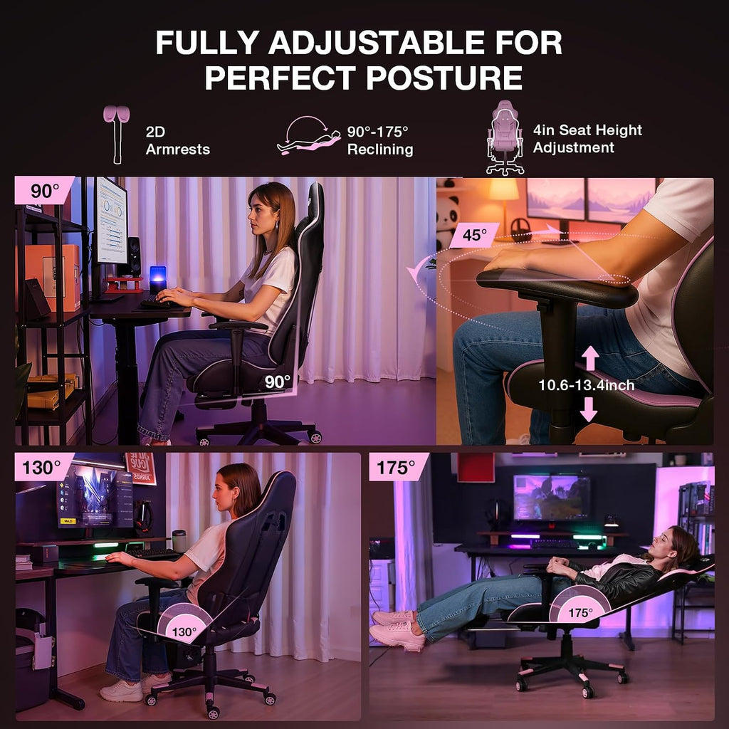 Douxlife 7-Point Massage Gaming Chair with Footrest, 400lbs Heavy Duty Ergonomic Computer Chair, 175° Reclining High Back Racing Seat for Adults with Adjustable Armrests & Lumbar Support, Black Pink