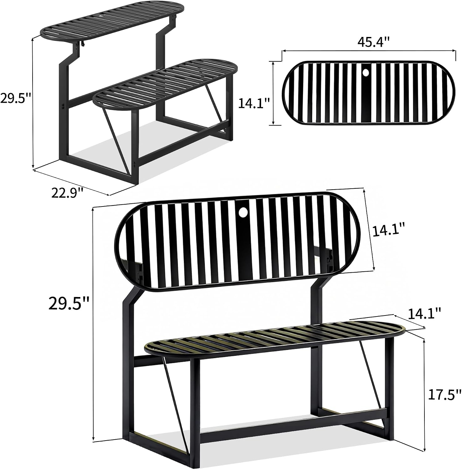 Convertible Bench, 2 in 1 Carbon Steel Picnic Table, Transforming Interchangeable Outdoor Table with Umbrella Hole, for Outside Patio Porch Backyard Park Garden 1 Pack Black Bench