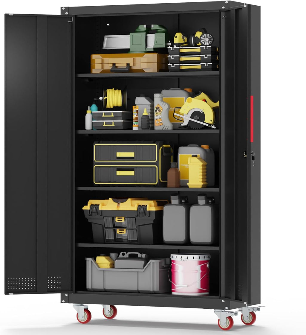 Eltean Metal Garage Cabinets with Wheels| 71' Steel Lockable Garage Storage Cabinet with 4 Adjustable Shelves, Heavy-Duty Tool Storage Cabinet for Home, Basement, Workshop (Black)