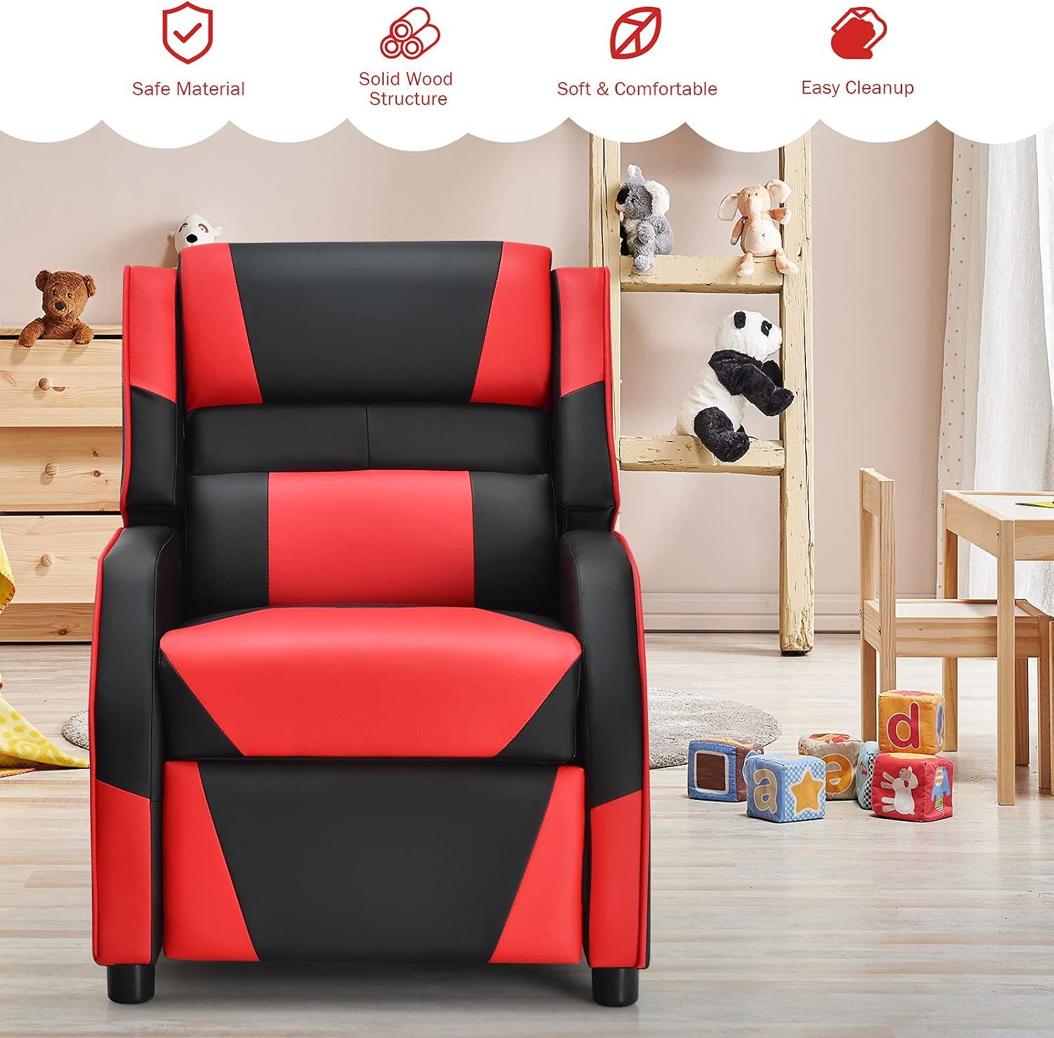 ARLIME Kids Recliner, PU Leather Kid Lounge Chair w/Footrest, Armrest, Headrest & Lumbar Support, Adjustable Gaming Toddler Sofa Armchair for Boys Girls (Red)