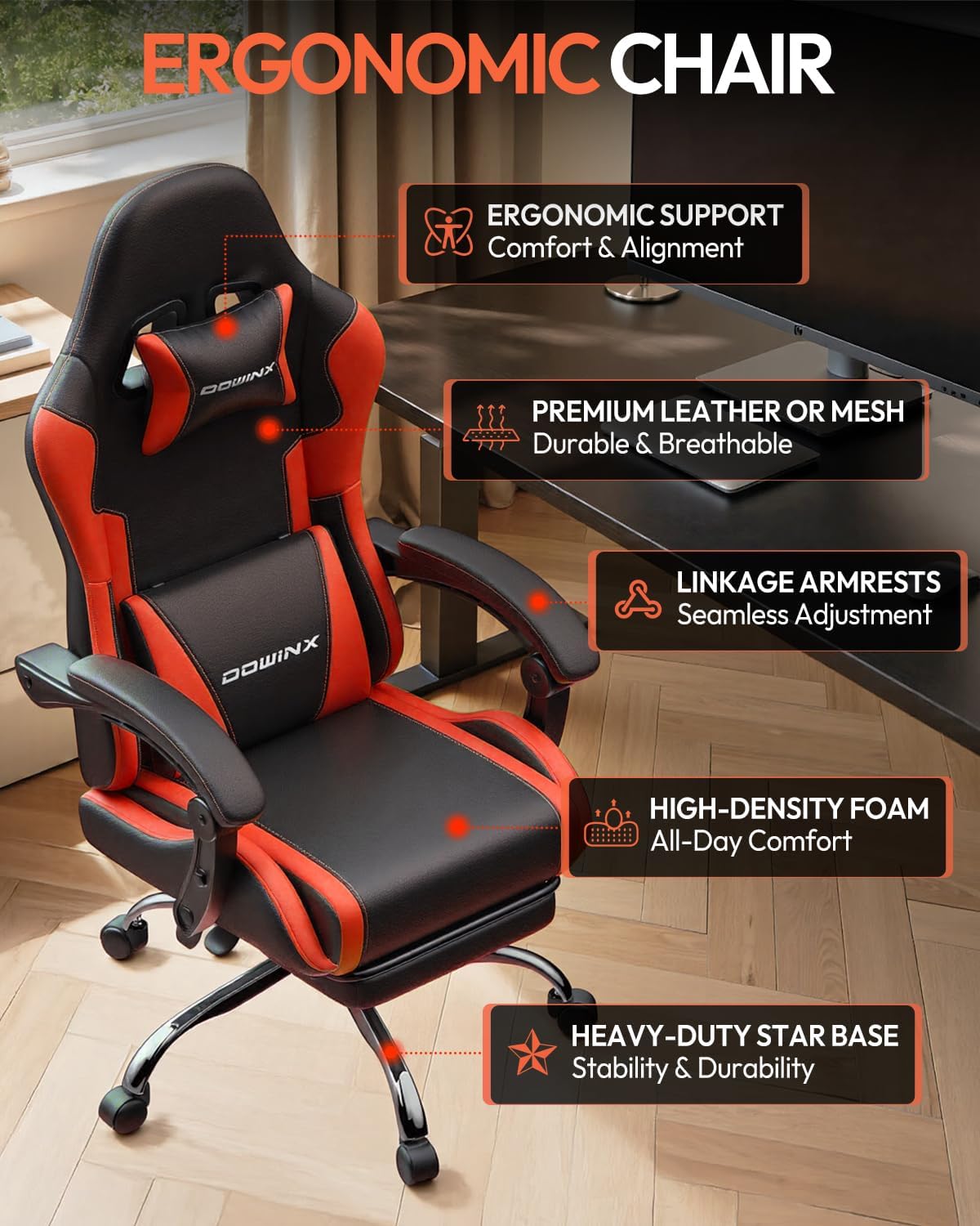 Dowinx Ergonomic Gaming Chair with Footrest & Massage Lumbar, 2D-Linkage Armrests for Computer Chair 330lbs with Headrest Pillow for Office, Home, Streaming and Long Gaming Sessions, Red