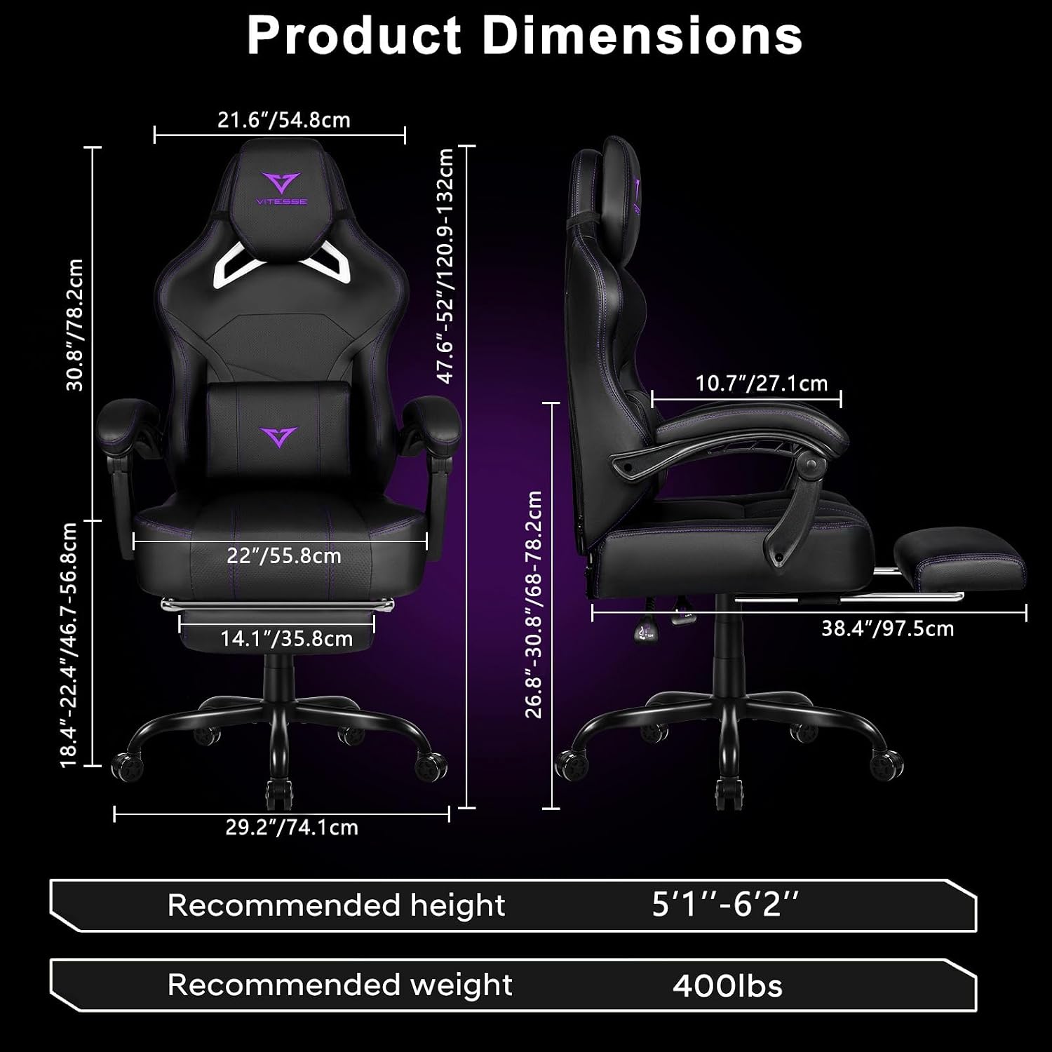 VITESSE Big and Tall Gaming Chair with Footrest,Ergonomic Video Gaming Chair with Oversized Headrest and Lumbar Support for Adults 400lb Weight Capacity,Computer Chair for Office or Gaming (Purple)