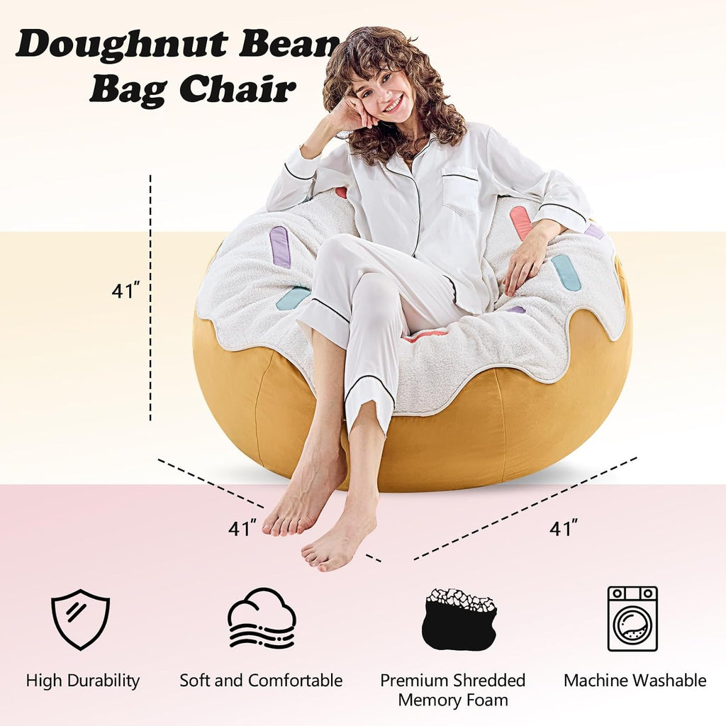 Donut Bean Bag Chair - Cute Bean Bag Sofa with Filler - Ideal for Girls Room and Dorm Decor - Oversized Lounge Chair for Teens and Kids - Plush BeanBag Furniture for Bedroom Living Room - 41inch