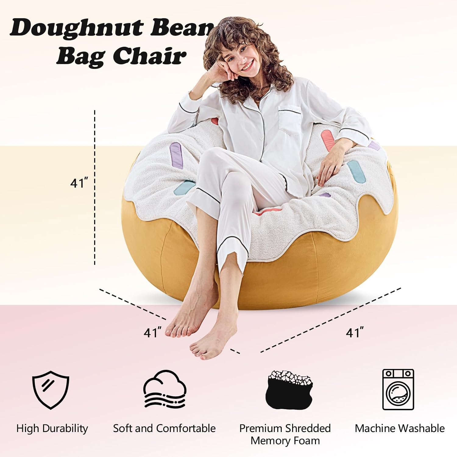 Donut Bean Bag Chair - Cute Bean Bag Sofa with Filler - Ideal for Girls Room and Dorm Decor - Oversized Lounge Chair for Teens and Kids - Plush BeanBag Furniture for Bedroom Living Room - 41inch