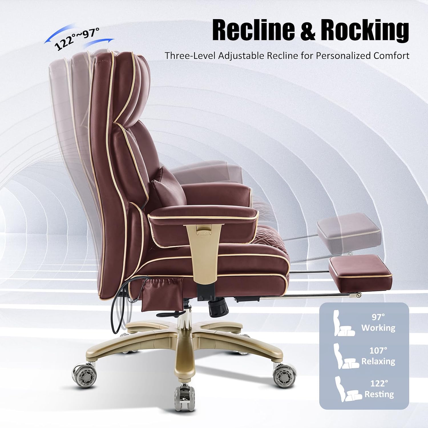 Executive Desk Chir with Adjustable Air Back Support, Luxury Ergonomic PU Leather Office Chair with Lumbar Massage High-Back 3-Level Tilt 360° Swivel Silent Wheels Height Adjustment,Footrest, Brown