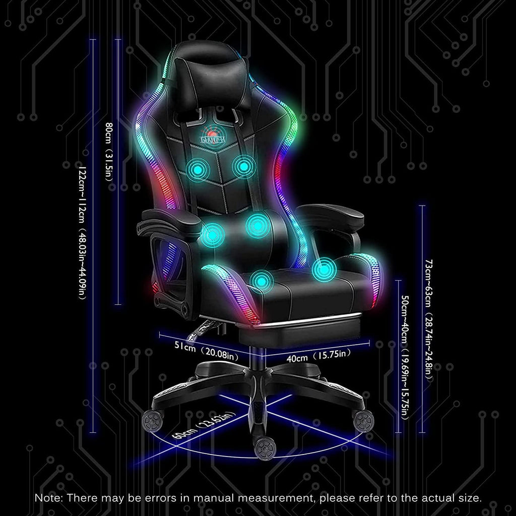 Gaming Chairs for Kids Adults Video Game Chair with LED Lights and Speakers Ergonomic 7-Point Massage Computer Chairs High Back Office Chair with Footrest and Lumbar Support Headrest,Black