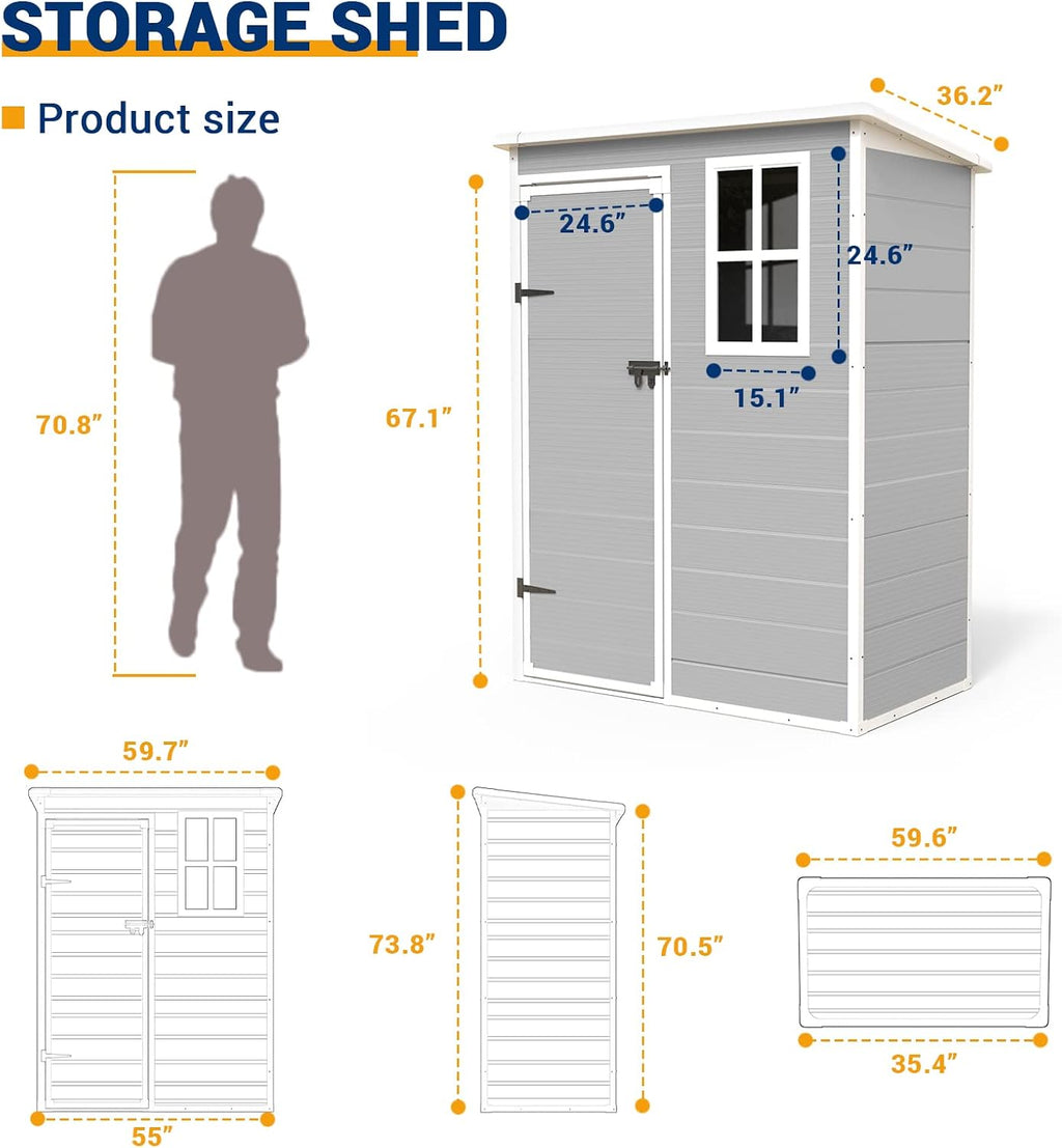 UDPATIO Outdoor Resin Storage Shed 5x3 FT, Plastic Garden Shed for Bike, Garbage Can, Tool, Outside Sheds & Outdoor Storage Storage Box with Lockable Door for Backyard, Patio, Lawn, Grey & White