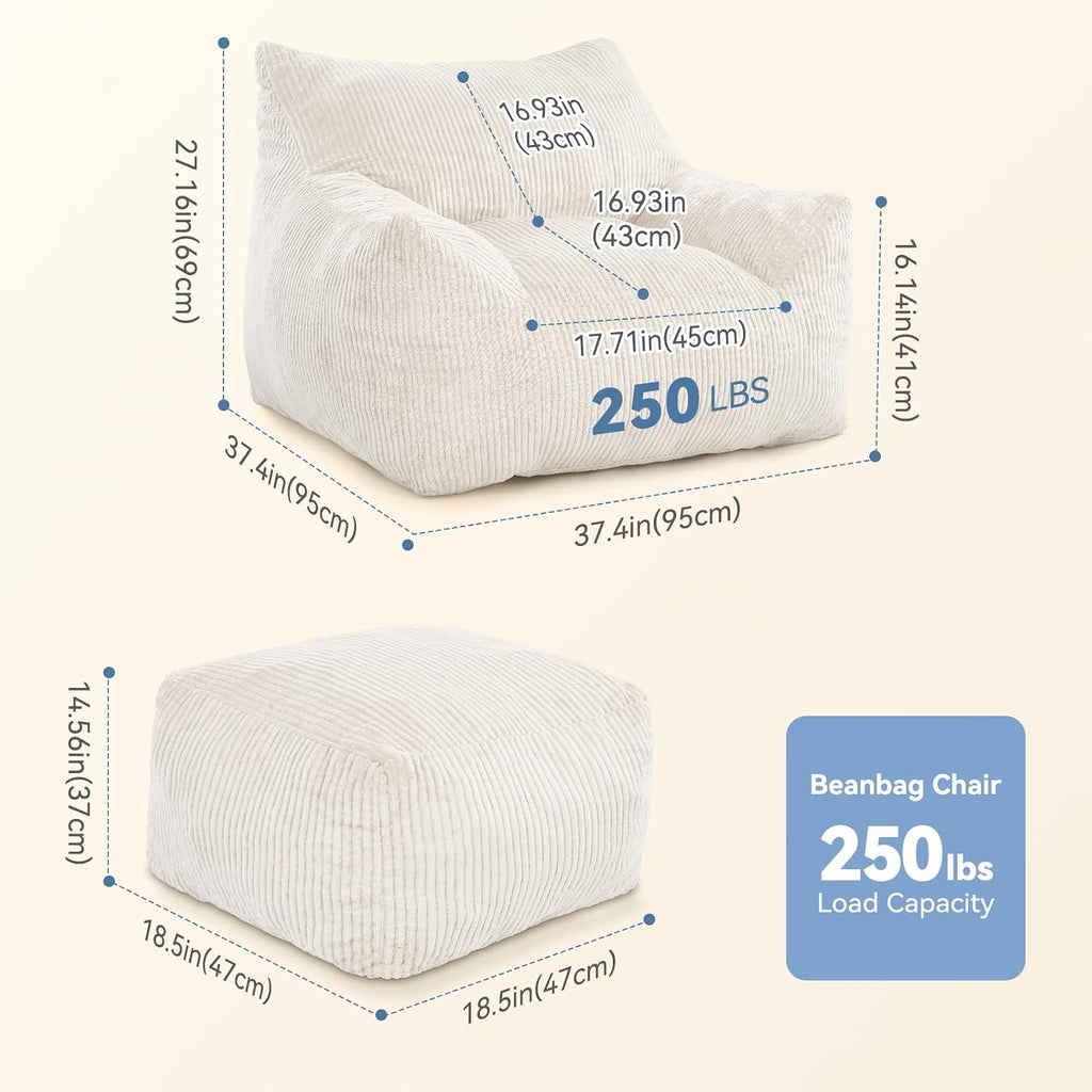 Bean Bag Chair with Ottoman, Cloud Boneless Couch - Oversized Memory Foam Beanbag Set, Ultimate Gift for Adults & Teens, Plush Corduroy Comfy Lounge Sofa for Bedroom, Dorm & Living Room (Beige)
