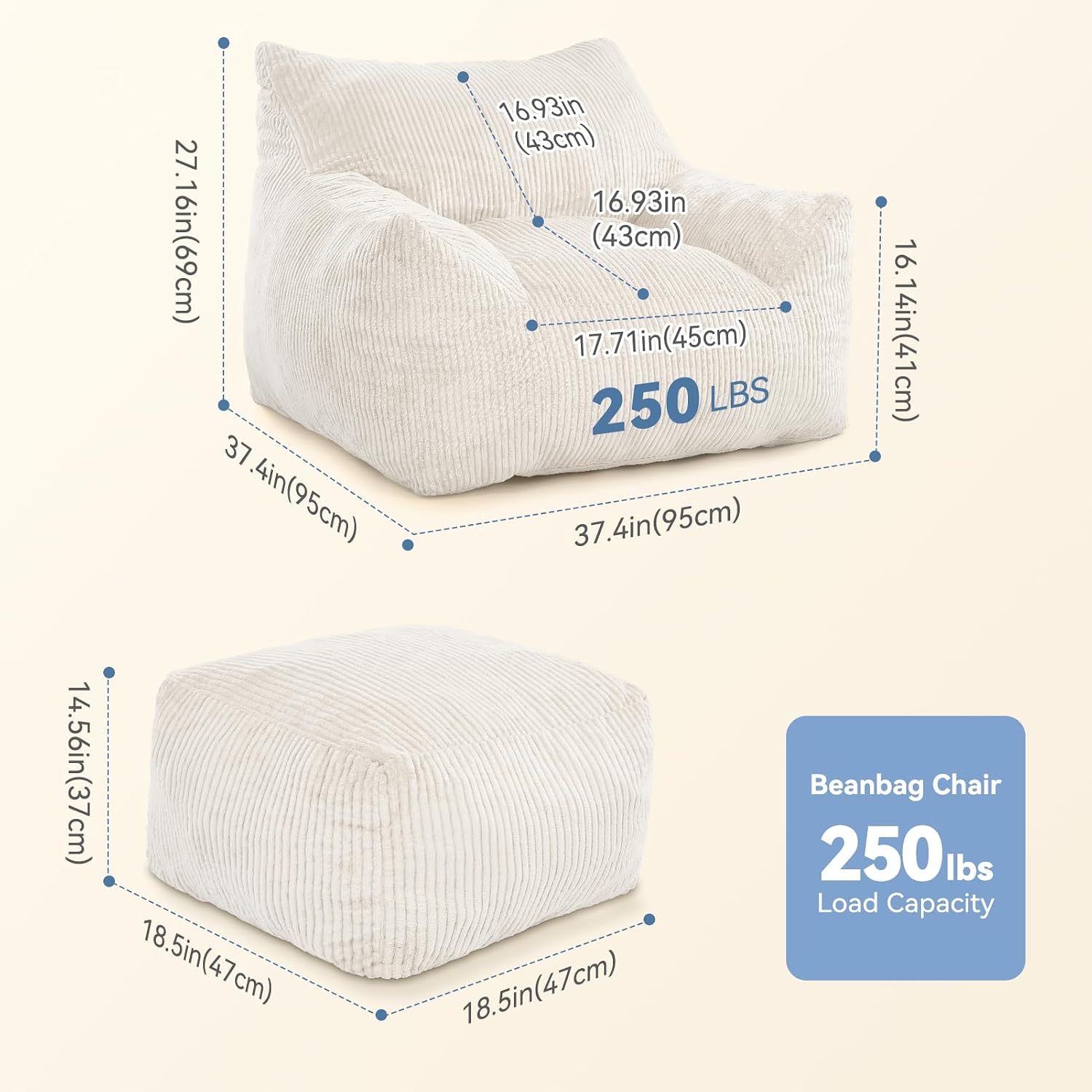 Bean Bag Chair with Ottoman, Cloud Boneless Couch - Oversized Memory Foam Beanbag Set, Ultimate Gift for Adults & Teens, Plush Corduroy Comfy Lounge Sofa for Bedroom, Dorm & Living Room (Beige)