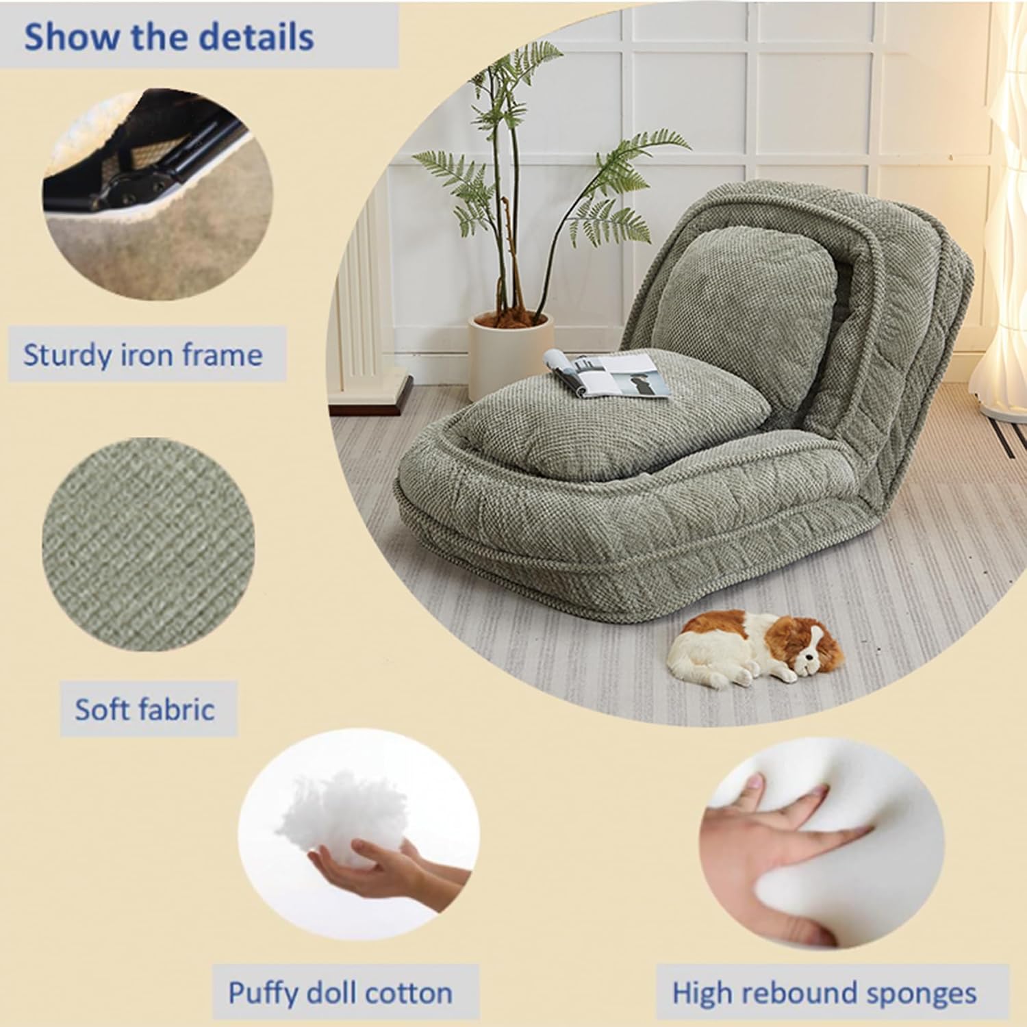 Floor Chair with Back Support, Folding Sofa Chair with 5 Adjustable Position, Plush Floor Gaming Chair, Meditation Chair for Lazy Boys, Human Dog Bed for Living Room, Bedroom, Lounge, Green