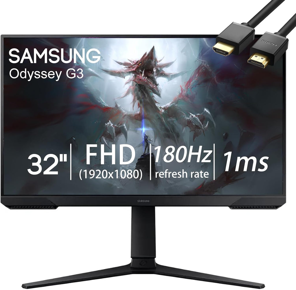 Samsung Odyssey G3 Series Gaming Monitor, 32' FHD 180Hz 1ms LED Flicker-Free Eye Saver Display, AMD FreeSync, Adjustable Stand, Black Equalizer, Virtual Aim Point, HDMI, DisplayPort, w/HDMI Cable