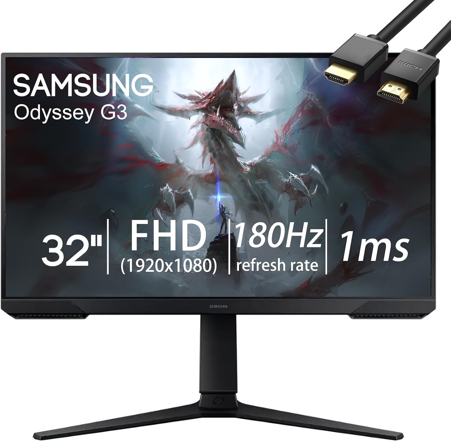Samsung Odyssey G3 Series Gaming Monitor, 32' FHD 180Hz 1ms LED Flicker-Free Eye Saver Display, AMD FreeSync, Adjustable Stand, Black Equalizer, Virtual Aim Point, HDMI, DisplayPort, w/HDMI Cable