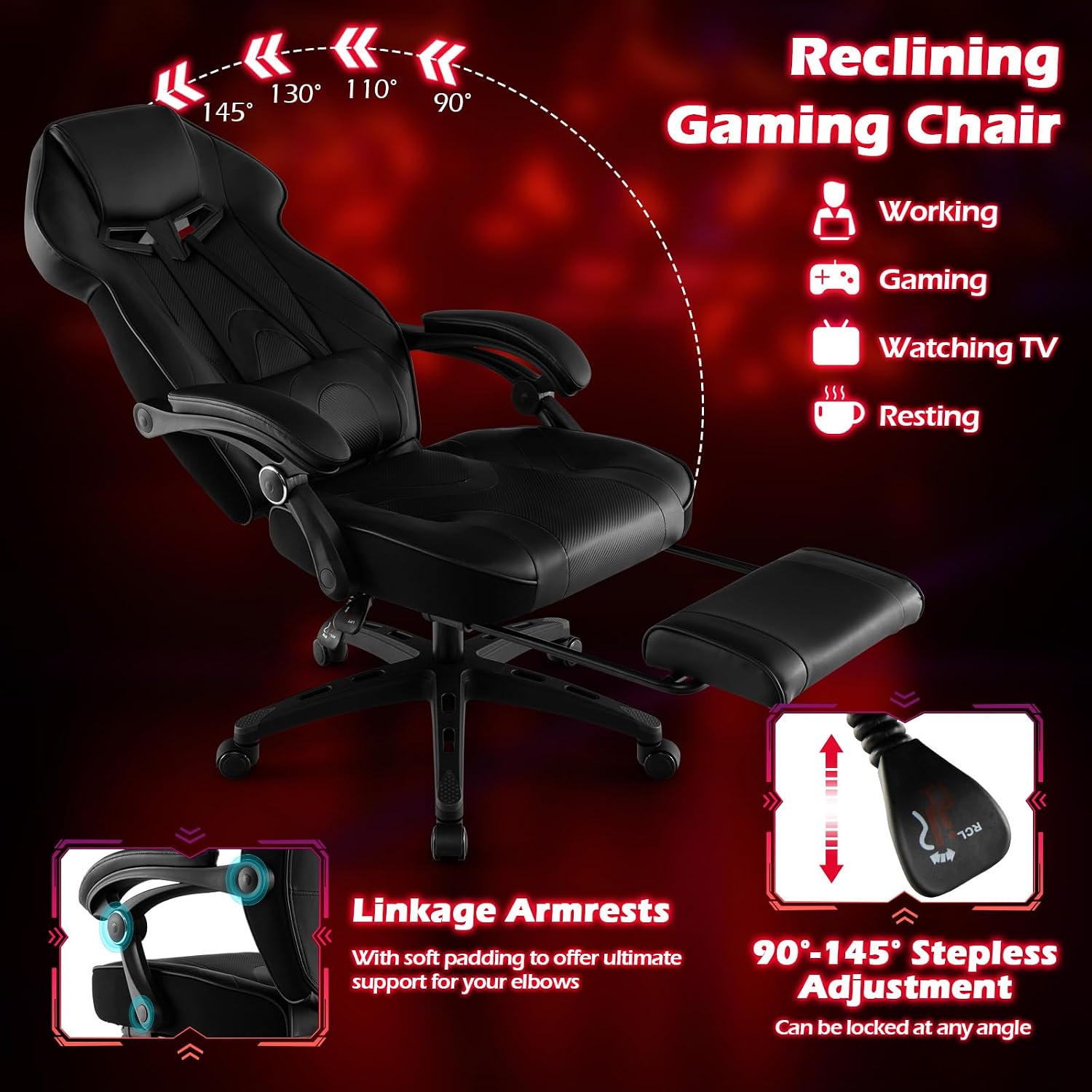 Giantex Gaming Chair with Footrest for Adults, Reclining Video Game Chair w/Lumbar Support, Racing Style Ergonomic Office Computer Chair, Height Adjustable Swivel Gamer Chair for Gaming (Black)