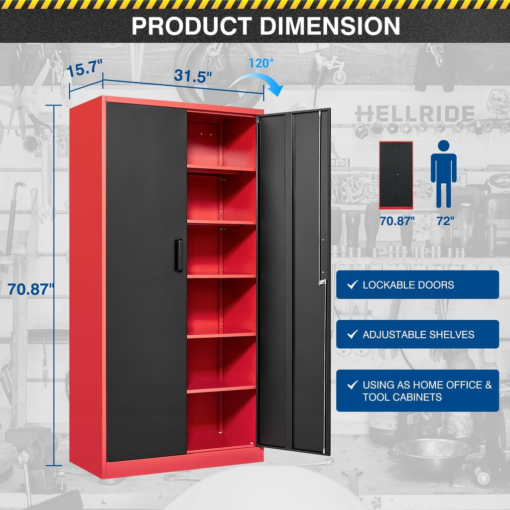 Fesbos Metal Storage Cabinet-71' Tall Steel File Cabinets with Lockable Doors and Adjustable Shelves-Black&Red Steel Storage Cabinet for Home, School, Office, Garage