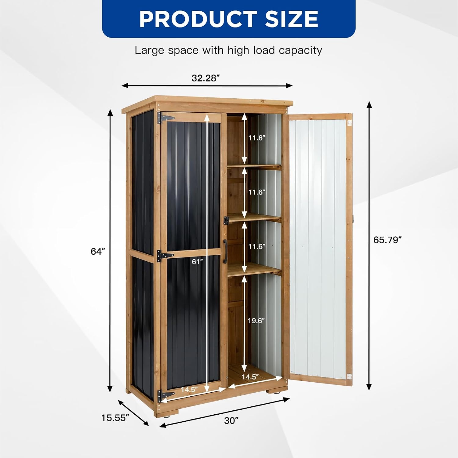 Outdoor Storage Cabinet Wood & Metal with Waterproof Roof, Garden Tool Shed with 3 Removable Shelves, 4 adjustable reinforced feet with metal brackets, 6 T-Hinge, magnetic door,15.6'D x 32.3'W x 66'H
