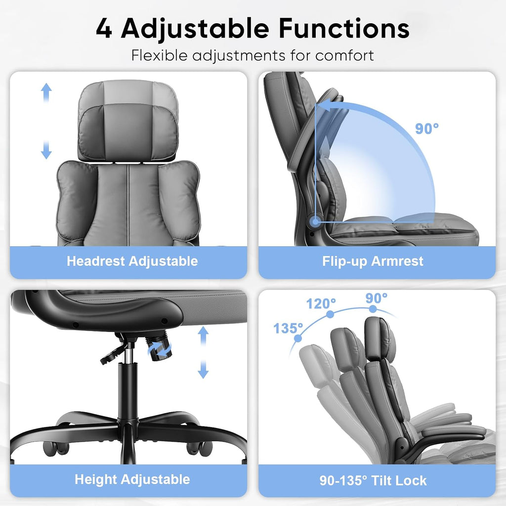Kensaker Ergonomic Executive Office Chair with Adjustable Headrest & 90° Flip-Up Arms, High Back PU Leather Computer Desk Chair with 135° Rocking & Double Padding for Home Office Comfort, Gray