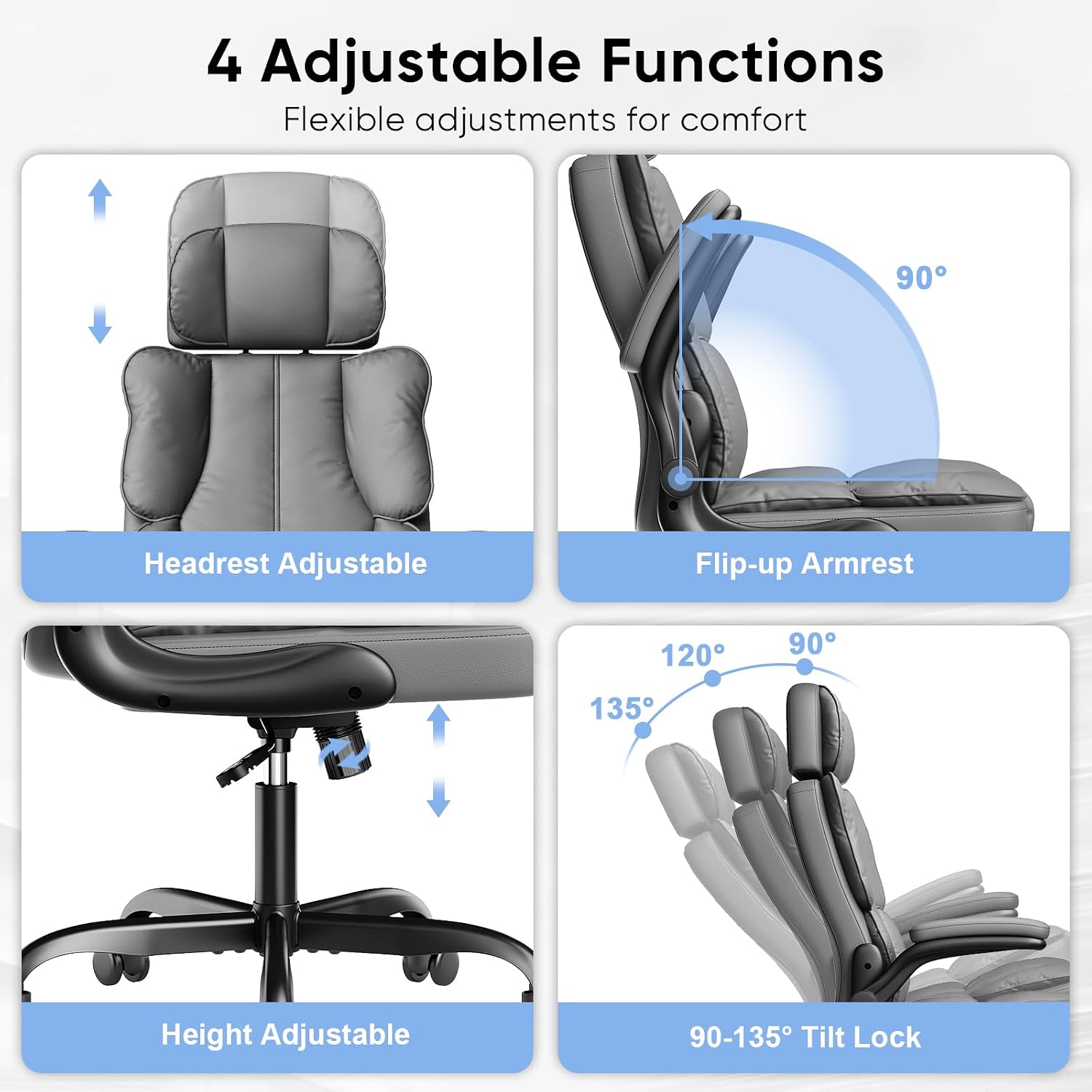 Kensaker Ergonomic Executive Office Chair with Adjustable Headrest & 90° Flip-Up Arms, High Back PU Leather Computer Desk Chair with 135° Rocking & Double Padding for Home Office Comfort, Gray