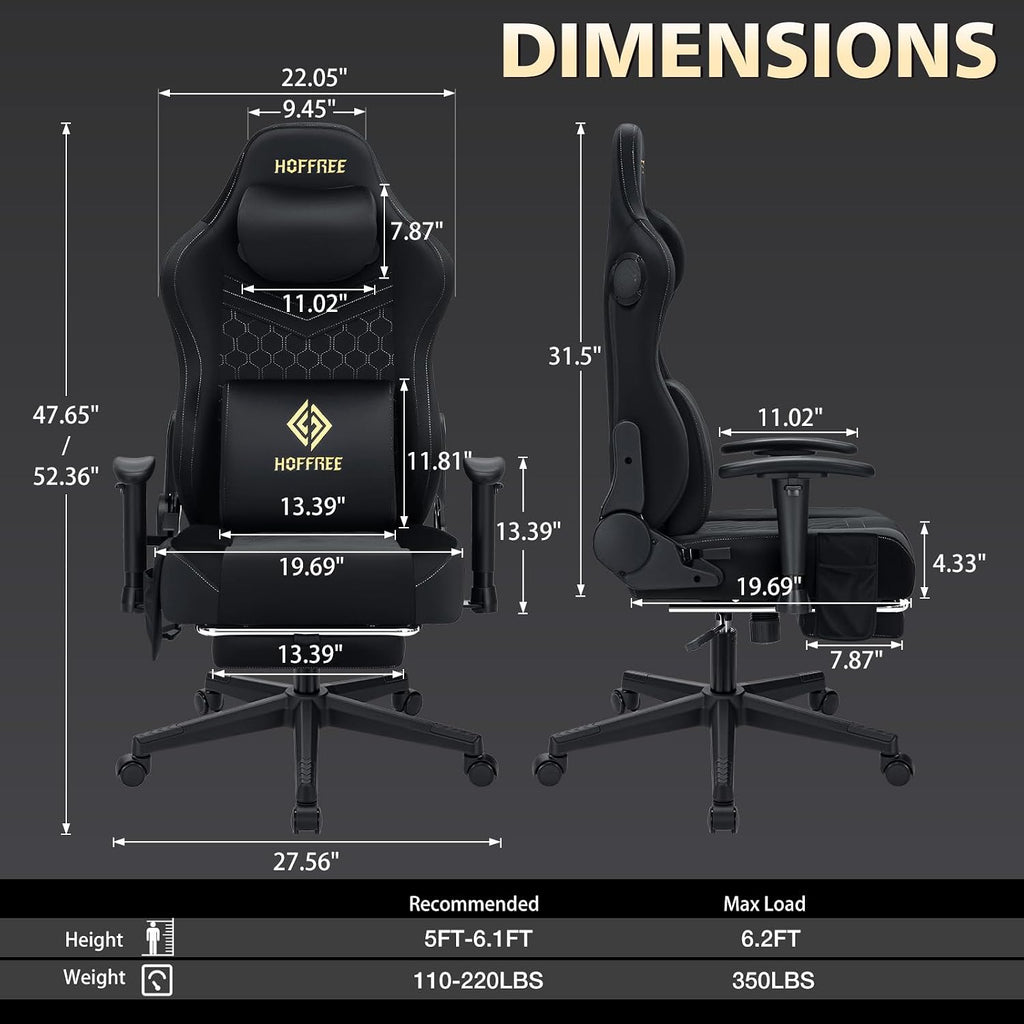 HOFFREE Gaming Chair with Speakers Bluetooth Massage Gaming Chairs for Adults Suede Fabric 165° Reclining Ergonomic Computer Chairs with Footrest Pocket Spring Cushion High Back Gamer Chair Black