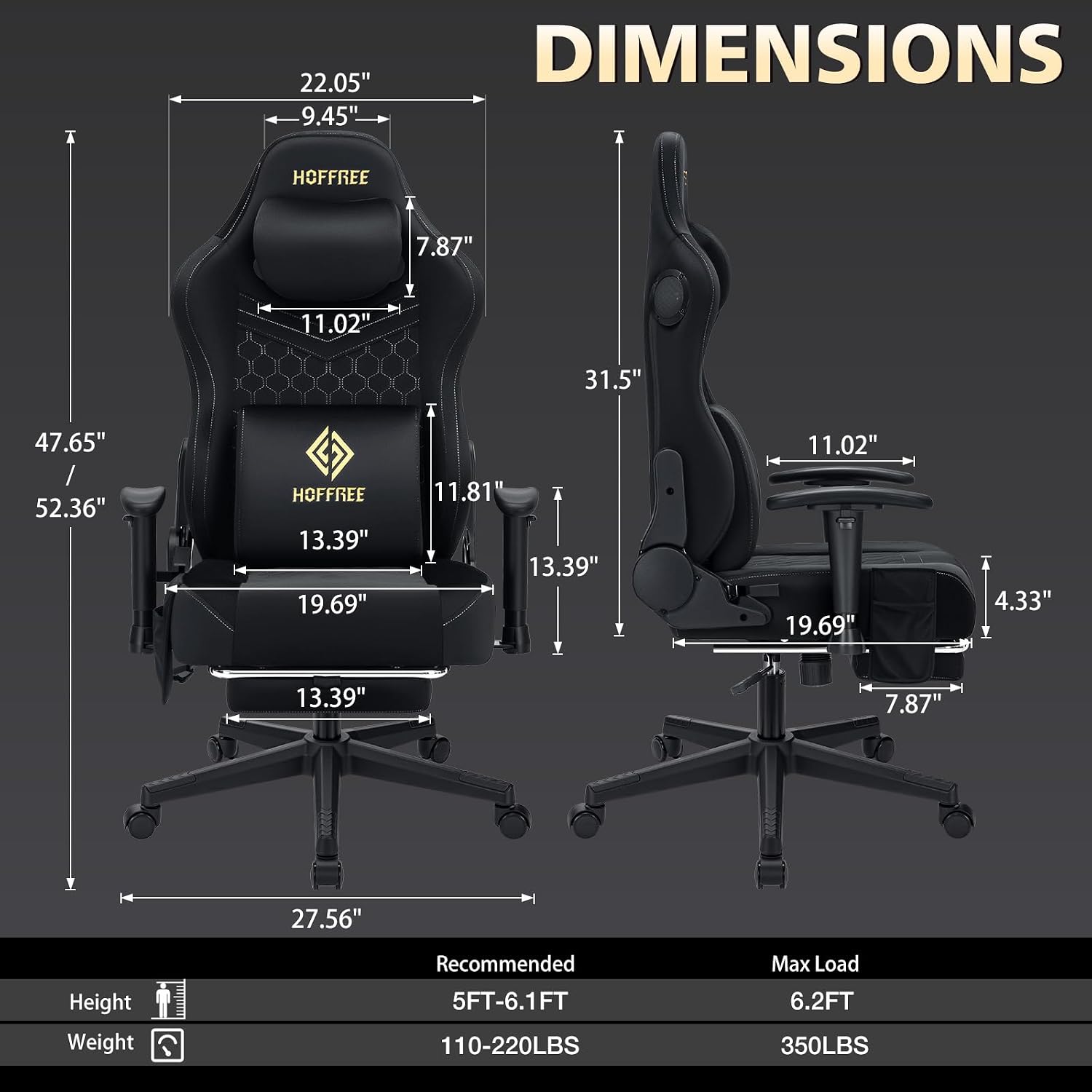 HOFFREE Gaming Chair with Speakers Bluetooth Massage Gaming Chairs for Adults Suede Fabric 165° Reclining Ergonomic Computer Chairs with Footrest Pocket Spring Cushion High Back Gamer Chair Black
