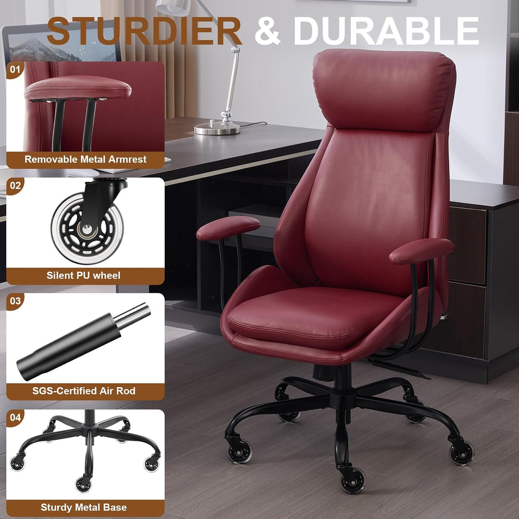 E-Motie Office Chair, Leather Desk Chair with Rubber Wheels, Ergonomic Computer Chair 500 LBS with Lumbar Support, High Back Executive Chair for Modern Home Office, Red