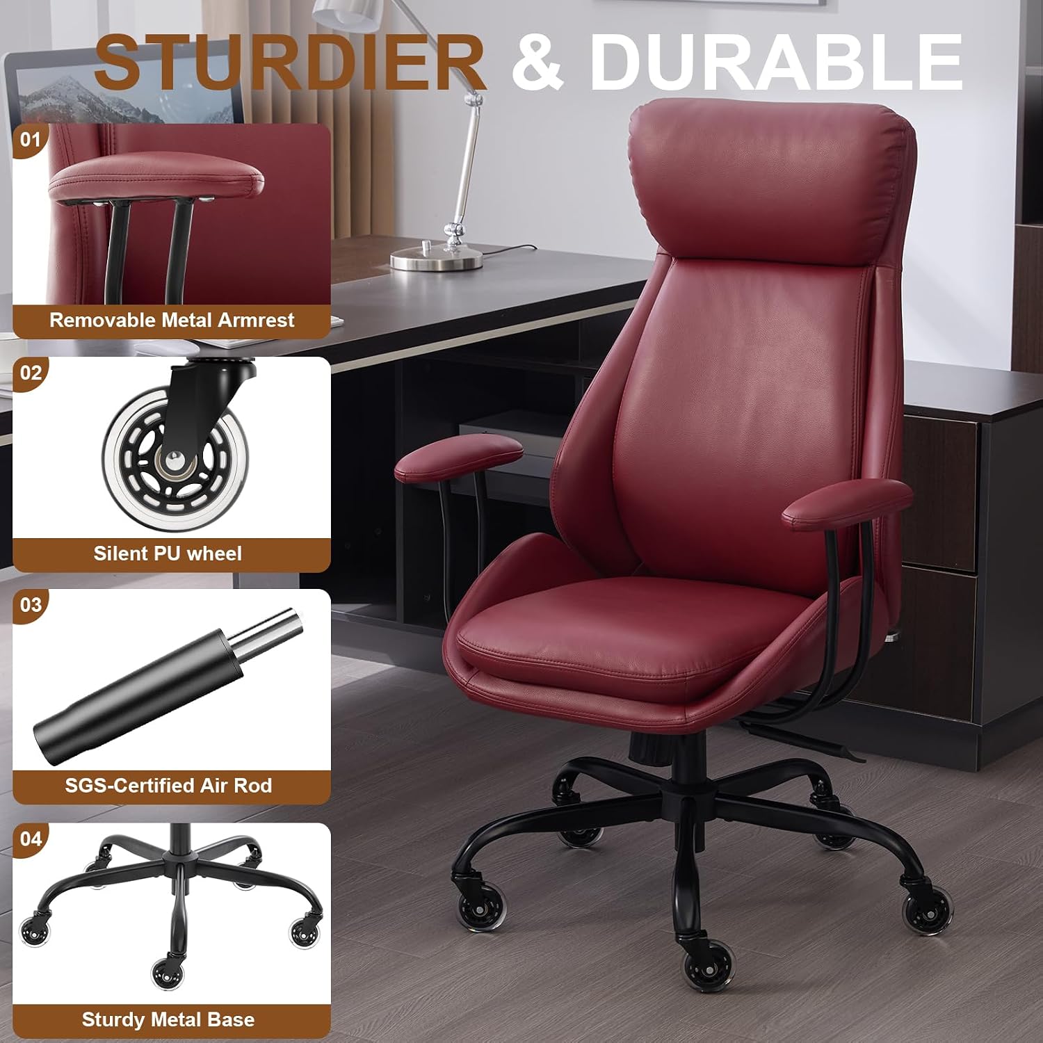 E-Motie Office Chair, Leather Desk Chair with Rubber Wheels, Ergonomic Computer Chair 500 LBS with Lumbar Support, High Back Executive Chair for Modern Home Office, Red