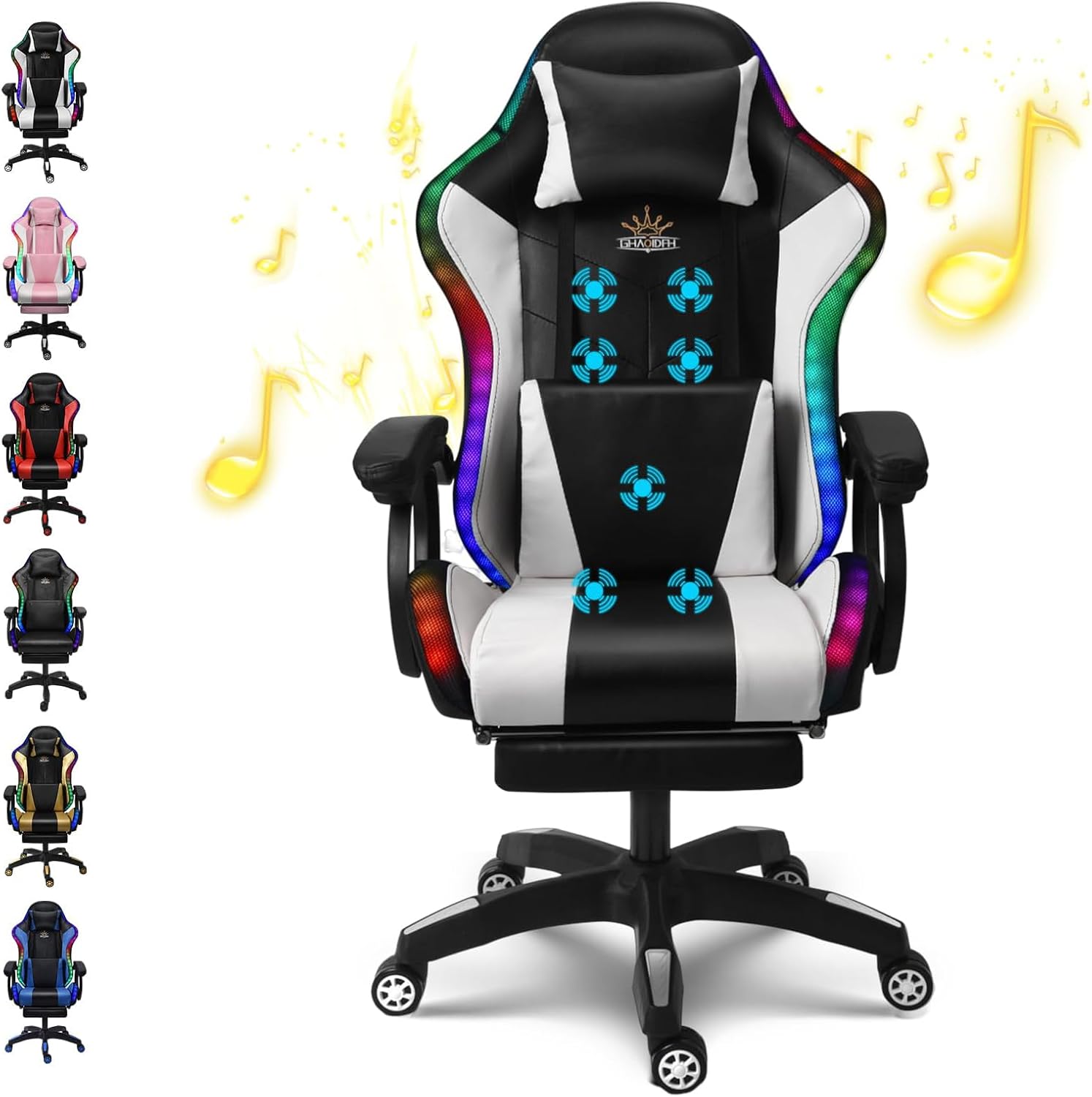 XOOFMASS Massage Gaming Chair with Speakers & RGB LED Lights Ergonomic Computer Gaming Chair with Footrest Music Video Game Chair High Back with Lumbar Support 360° Swivel & Height Adjustable,White