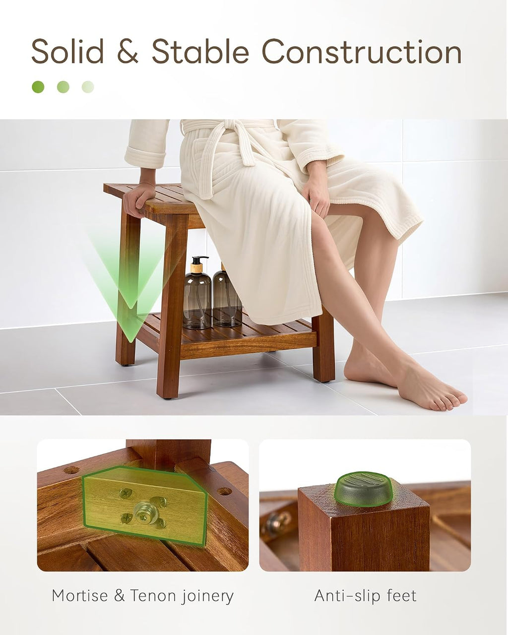 Upolana Outdoor Shower Bench, 20' Solid Acacia Wood Shower Stool Waterproof Shower Seat with Storage Shelf for Bathroom - SB001