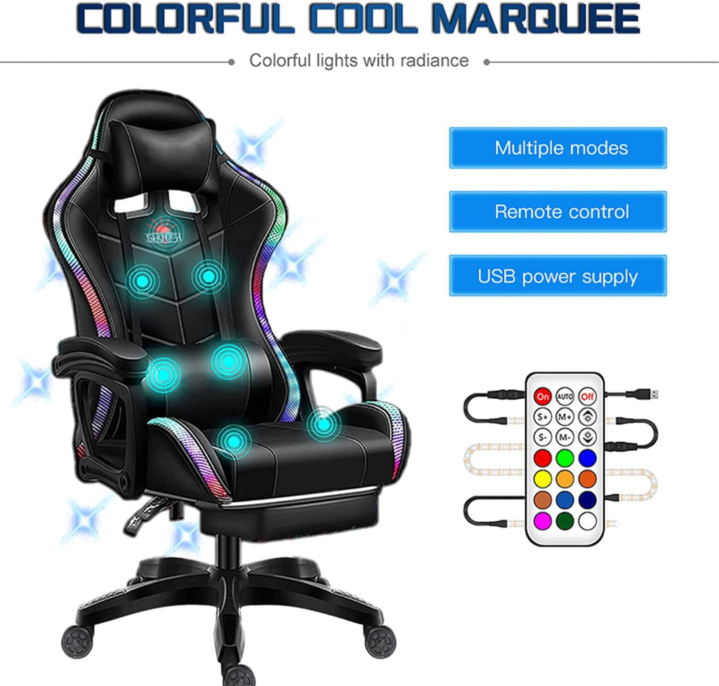 XOOFMASS RGB Gaming Chair with Massage and Footrest Large Ergonomic Computer Desk Chair Video Gaming Chair with Speakers and LED Light Effect, 90°-135° Adjustable Reclining Gamer Chair,Red