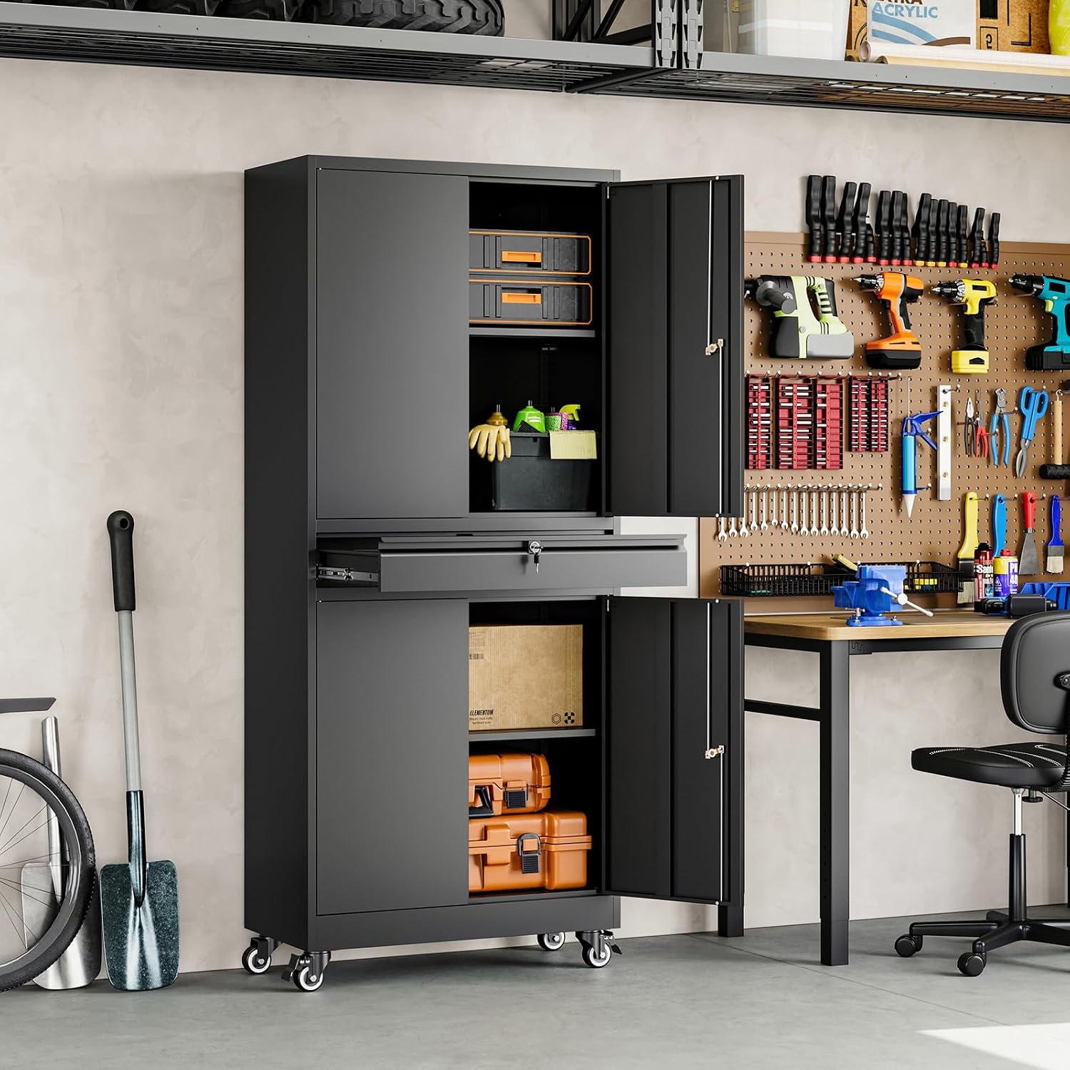 Yizosh Metal Garage Storage Cabinet with Locking Doors and Adjustable Shelves, 73' Rolling Tool Storage Cabinet with 4 Wheels and 1 Drawer for Garage,Warehouse (Black)