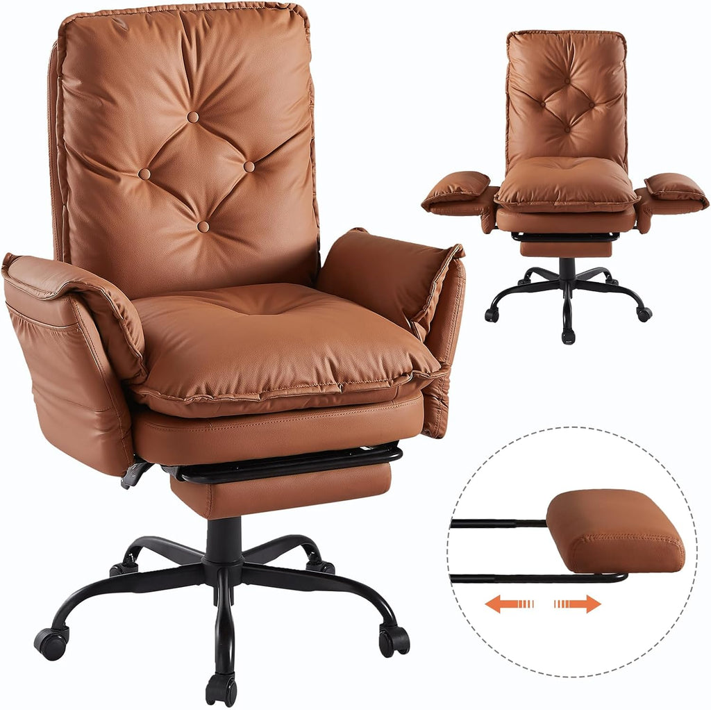 Bestier Cross Legged Office Chair with Footrest, High Back Criss Cross Chair with Reversible Armrests and Wheels, Big and Tall Reclining Office Chair for Home PU Leather Brown
