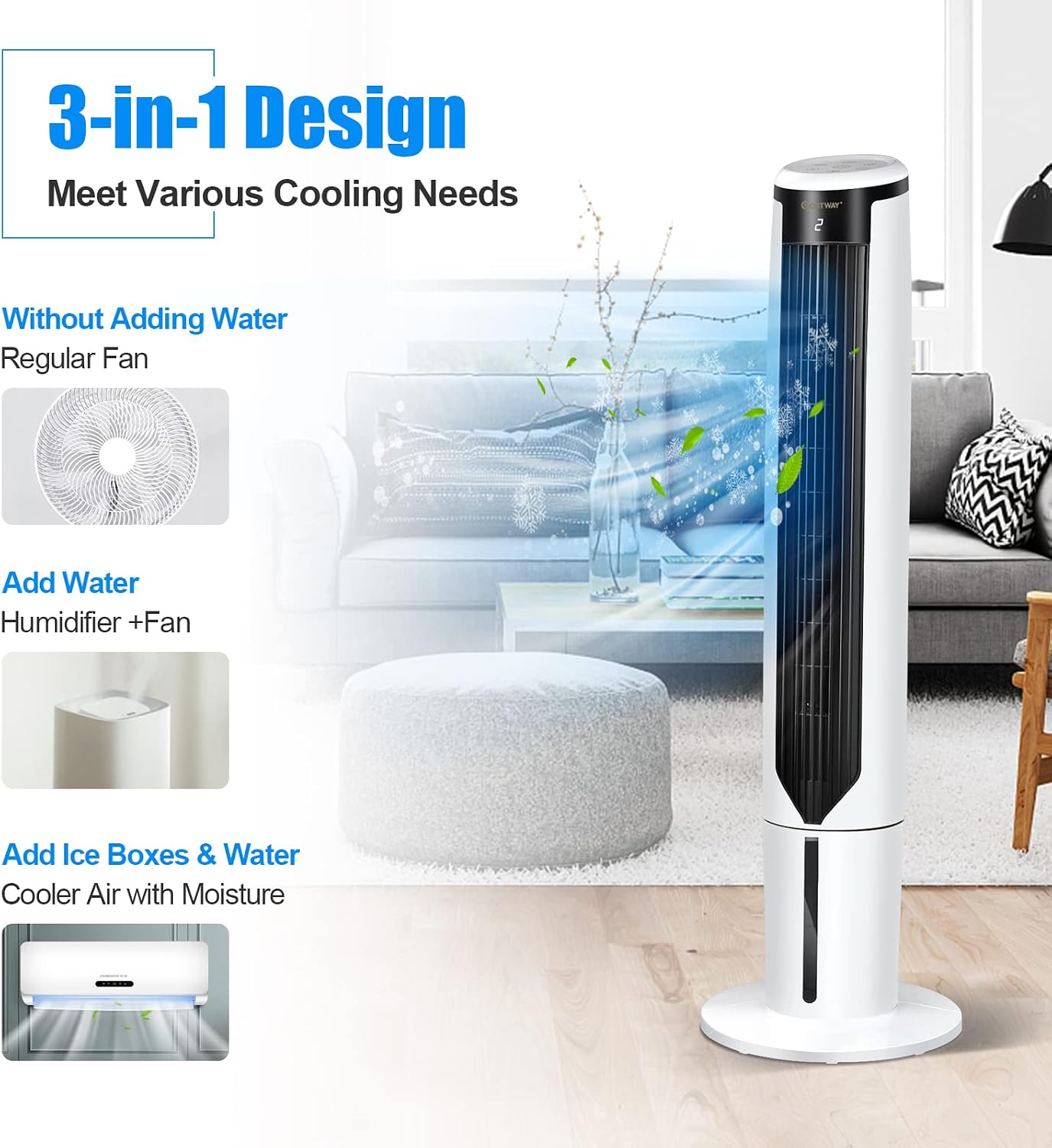 COSTWAY Evaporative Air Cooler, 41-inch Portable Oscillating Air Cooler with Remote, 3 Modes, 3 Speeds, LED Display, 9H Timer Auto-off, Quiet Standing Bladeless Tower Fan for Bedroom Home Office