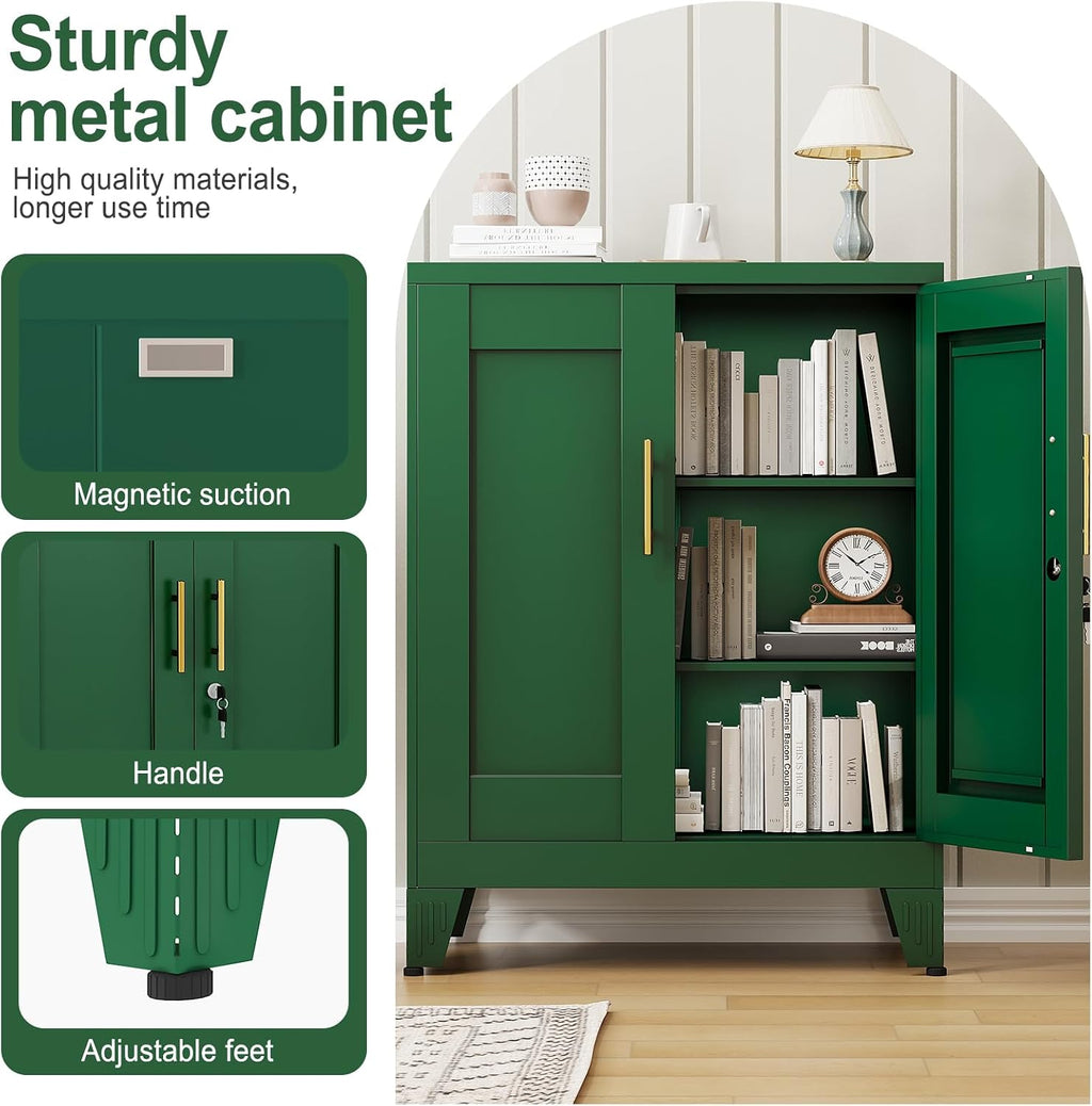 Green Metal Storage Cabinet, 36' Tall Locking Storage Cabinet with 2 Adjustable Shelves, Steel Locker Organizer, for Office, Home, School, 2PS