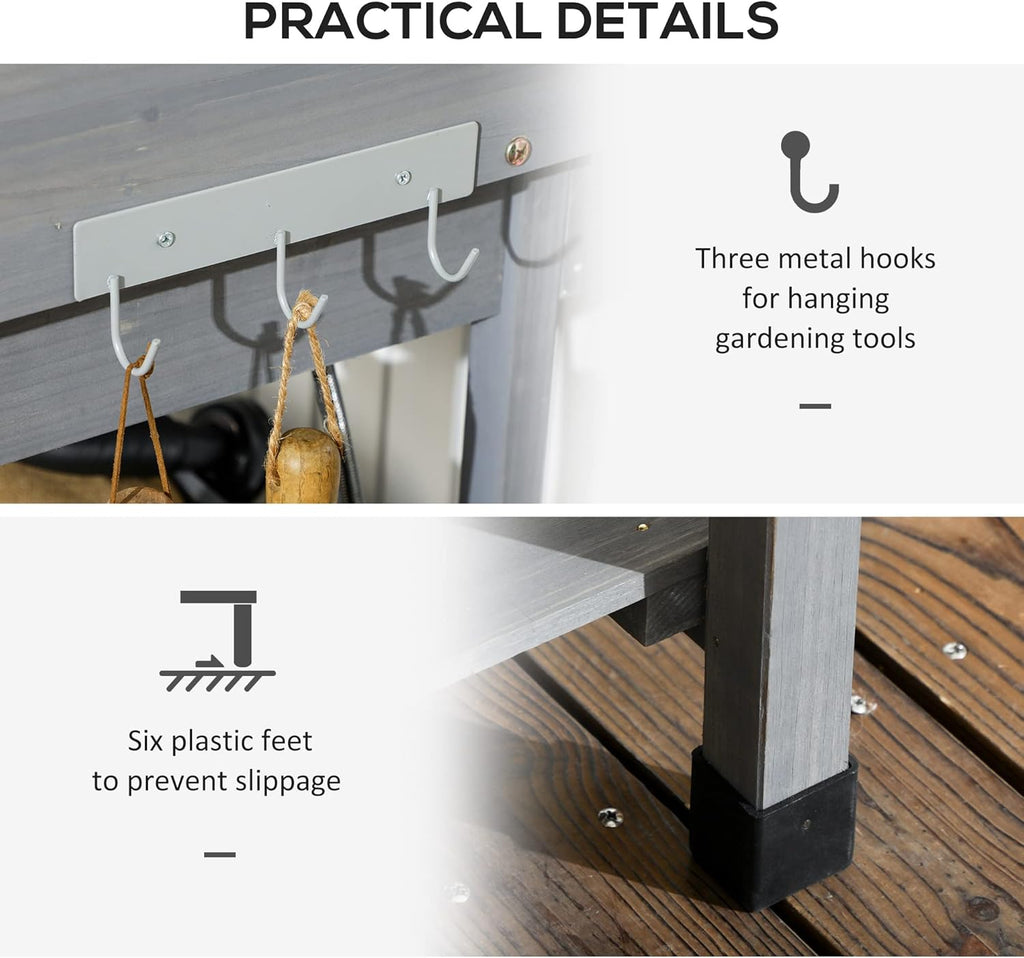 Outsunny Potting Bench Table, Outdoor Garden Table Wooden Work Station with Removable Sink, Faucet, Drawer, Shelves, Hooks, Gray
