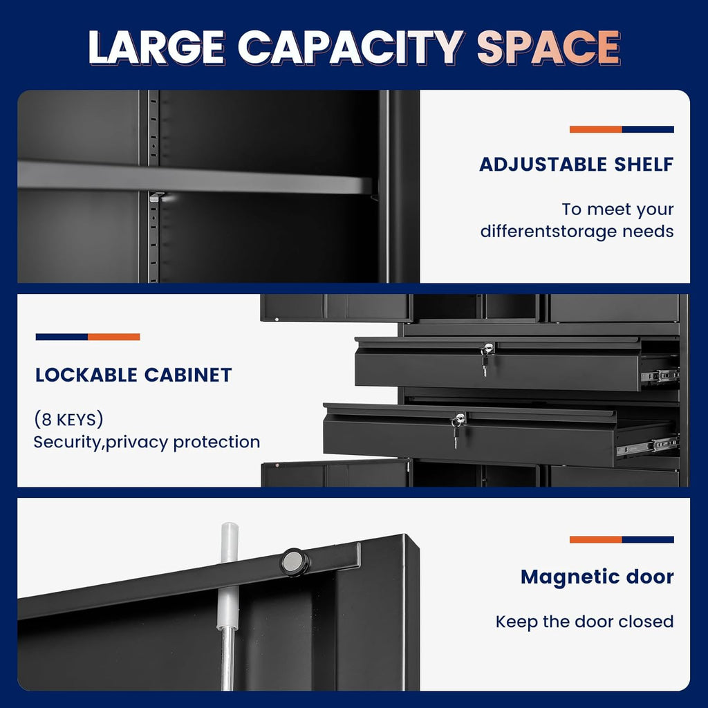 Yizosh Metal Garage Storage Cabinet with Locking Doors and Adjustable Shelves, 71' Tool Storage Cabinet with 2 Drawer for Garage,Warehouse