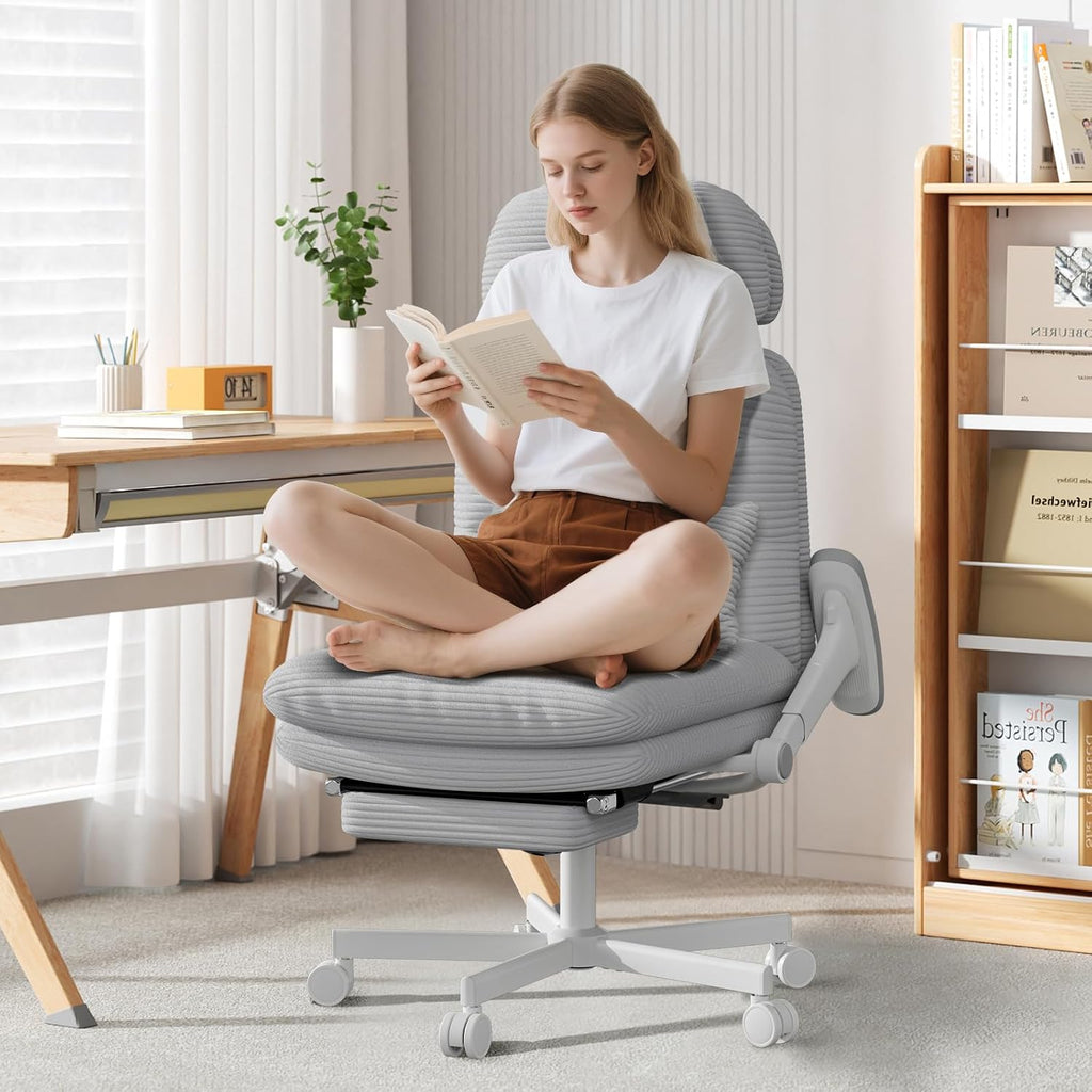 GXJ Criss Cross Chair with Flip-up Arms, Executive Office Chair with Foot Rest, Cross Legged Office Chair G800 Plus, Extra Lumbar Pillow, Corduroy Comfy Computer Desk Chair for Home, Grey