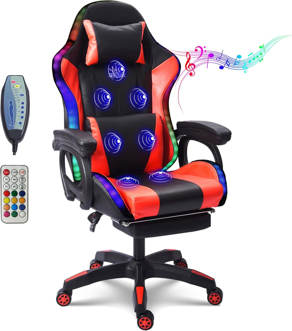 Gaming Chair with RGB LED Light Ergonomic Massaging Computer Gaming Chair, Video Gaming Chair with Footrest, Reclining Gaming Chair with Speakers Office Chair,Red
