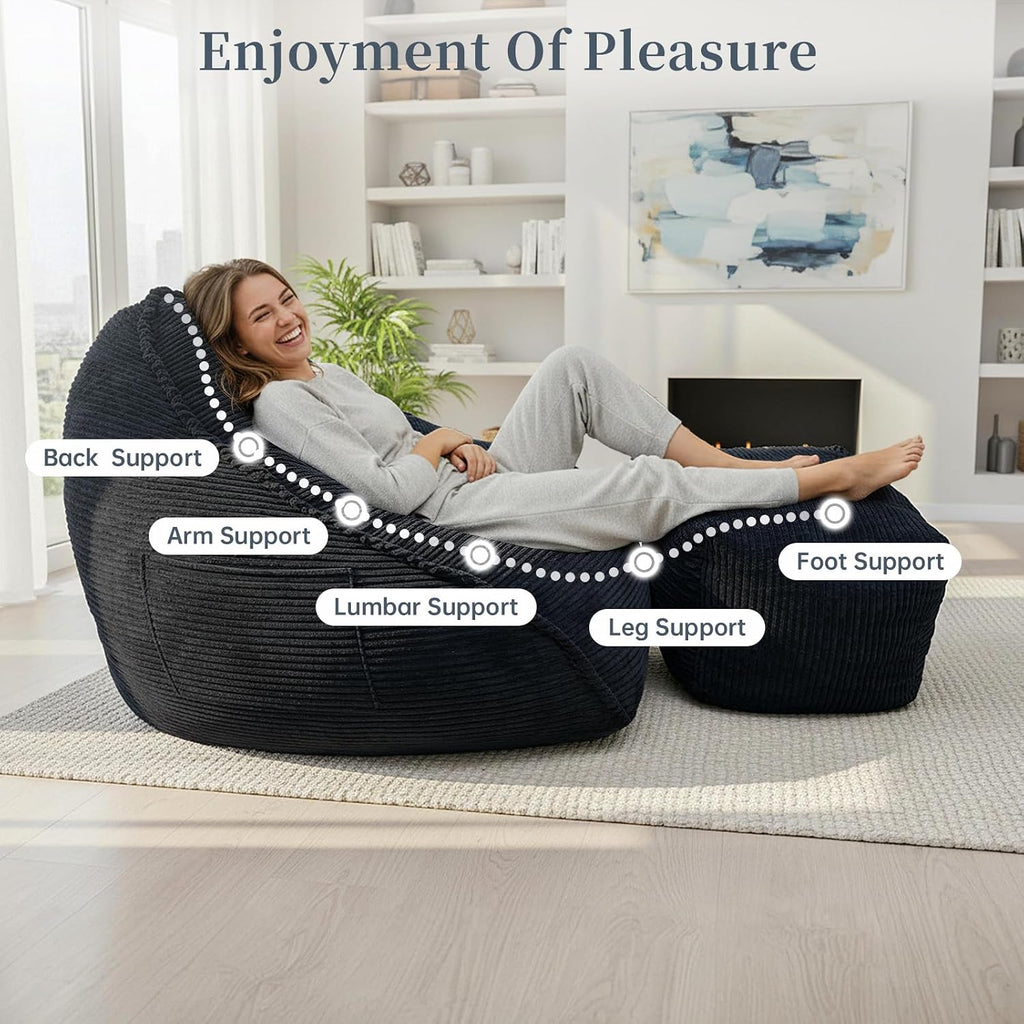 Ultra Soft Bean Bag Chair for Adults with Ottoman, Oversized Floor Sofa for Living Room, Gaming, Lounging, Napping (Black)