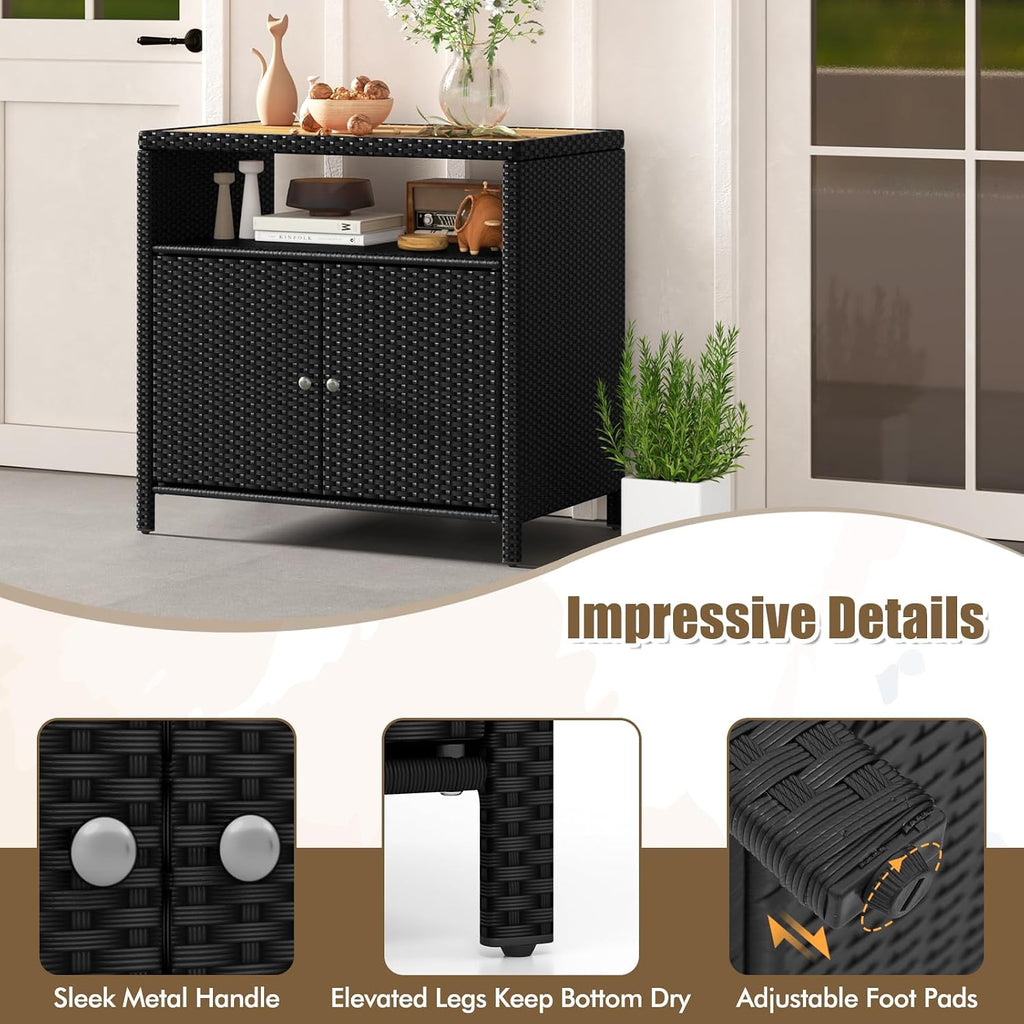 HAPPYGRILL Rattan Storage Cabinet, Patio Sideboard Buffet Cabinet with Acacia Wood Countertop, Open Shelf & 2 Door Cabinet, Wicker Storage Organizer for Garden Tools (Black)