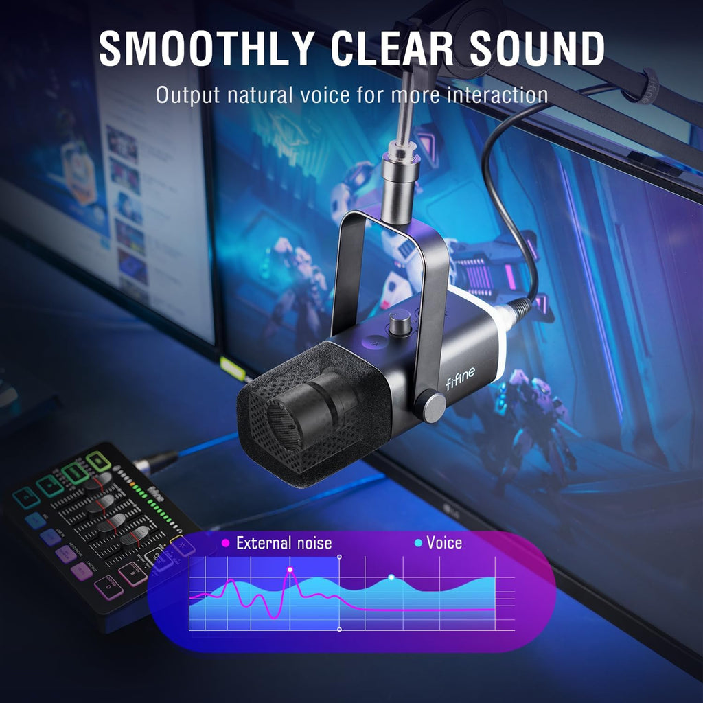 FIFINE Gaming Equipment Bundle with Mic Boom Arm, Dynamic XLR/USB Mic, Audio Mixer, with Heavy Duty Metal Arm Stand Set for Streaming, Podcast, Recording, Vocal, with Volume Control, RGB (KS5+BM66T)