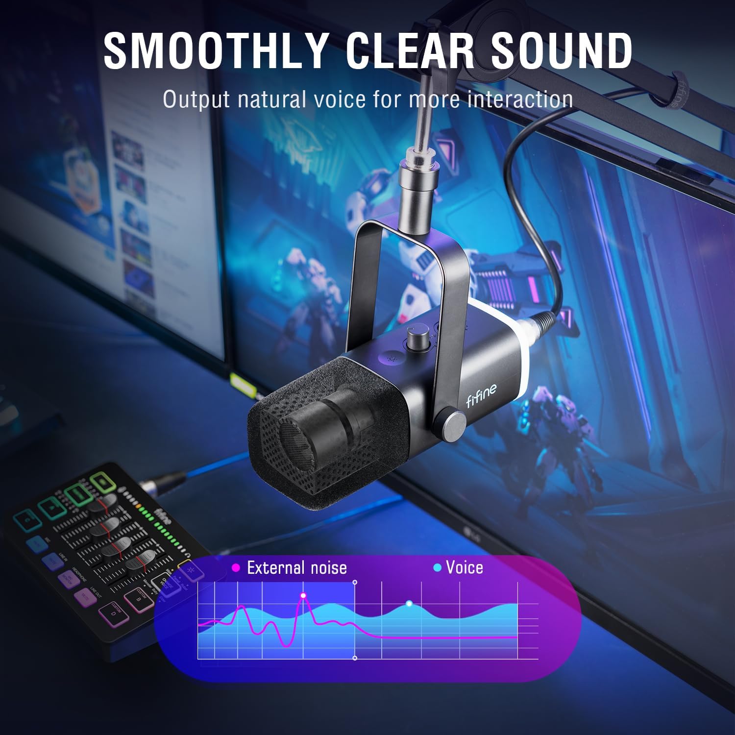 FIFINE Gaming Equipment Bundle with Mic Boom Arm, Dynamic XLR/USB Mic, Audio Mixer, with Heavy Duty Metal Arm Stand Set for Streaming, Podcast, Recording, Vocal, with Volume Control, RGB (KS5+BM66T)