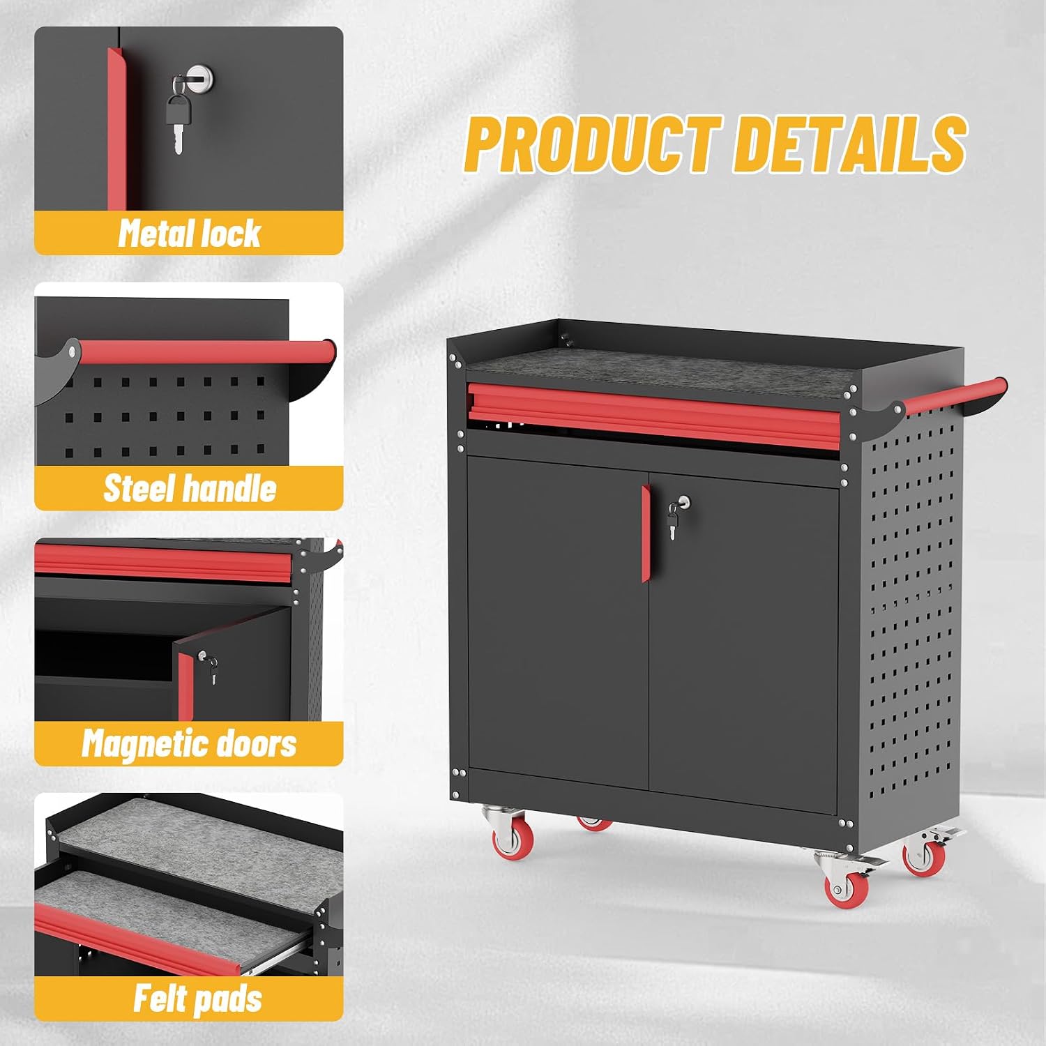 Eltean Rolling Garage Cabinets, Garage Storage Cabinet with Wheels and Workbench, Metal Cabinet with Doors and Shelf, Lockable Metal Storage Cabinets, for Home,Garages, Repair Stores, Warehouses