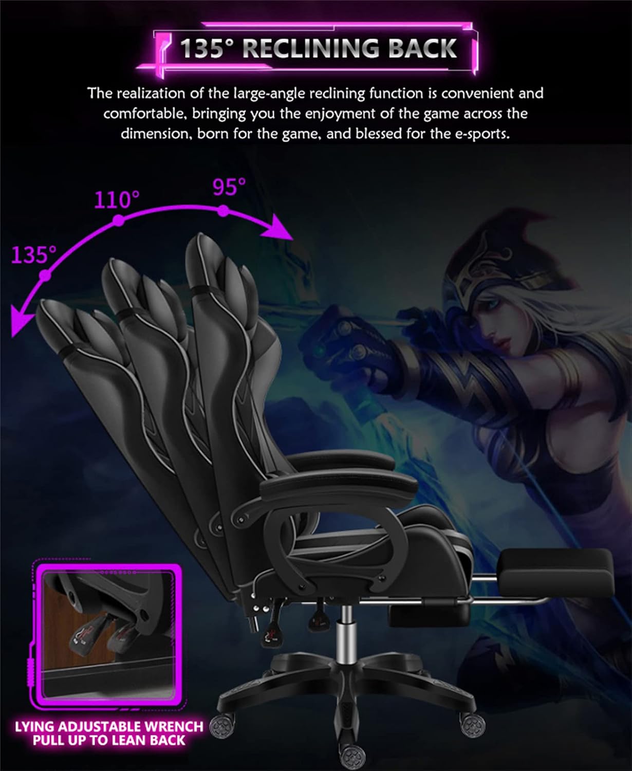 Gaming Chair with LED RGB Lights with Massage and Footrest Ergonomic Computer Chair High Back Video Game Chair with Adjustable Lumbar Support Linkage Armrest,White