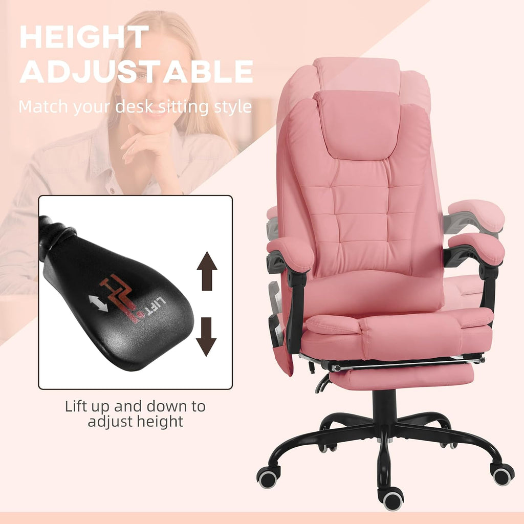 Vinsetto 7-Point Vibrating Massage Office Chair, High Back Computer Chair with Lumbar Support, Footrest, Reclining Back, Adjustable Height, Pink