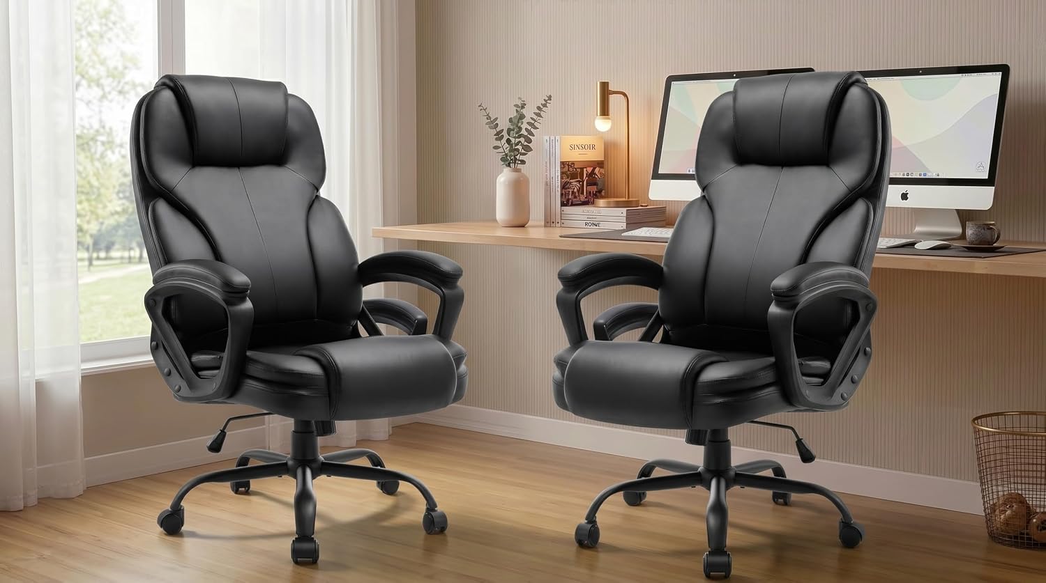 Ergonomic Office Chair with High Back, Comfy Desk Chair, Adjustable Executive Office Chair for Home Office, Big and Tall Computer Chair Heavy Duty, Set of 2, Faux Leather Black