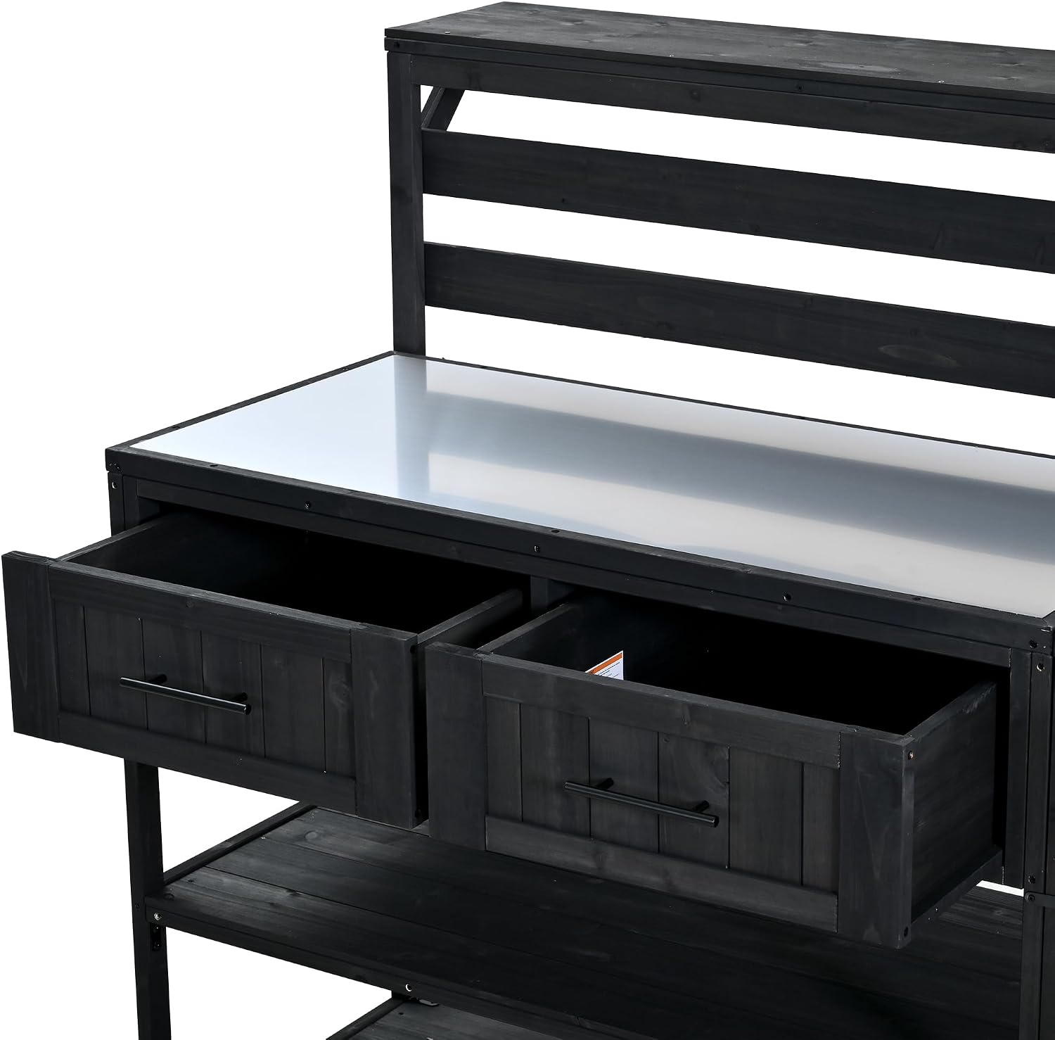 62.3'' Patio Kitchen Island, Solid Wood Kitchen Cart with Stainless Table Top, Garden Potting Bench with Raised Shelf and Drawers, Grill Prep Table for BBQ, Party (Black-62.3'')