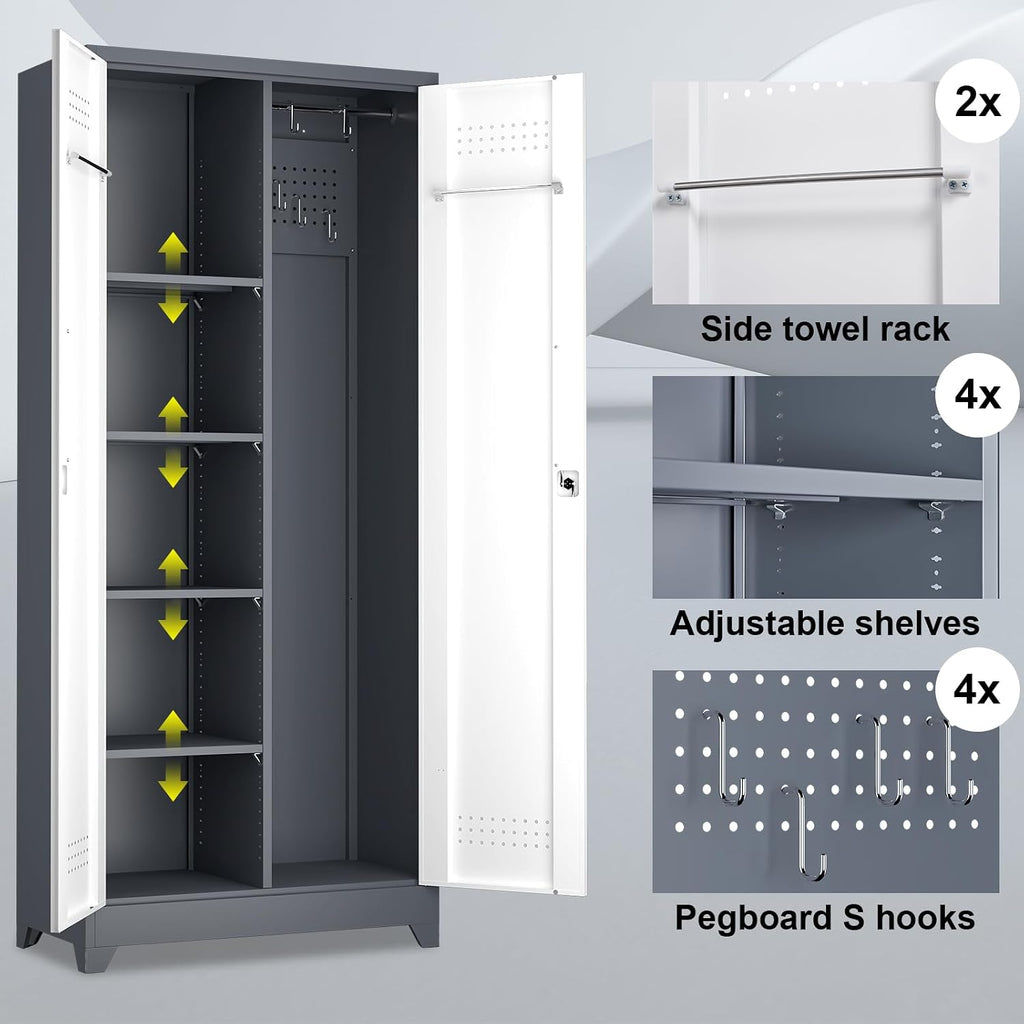 Broom Storage Cabinet, Metal Cabinet with Shelves and Hanging Rod, 72.8' Utility Cabinets with Locking Door, Tall Cleaning Storage for Kitchen, Pantry, Office, Shop, Garage